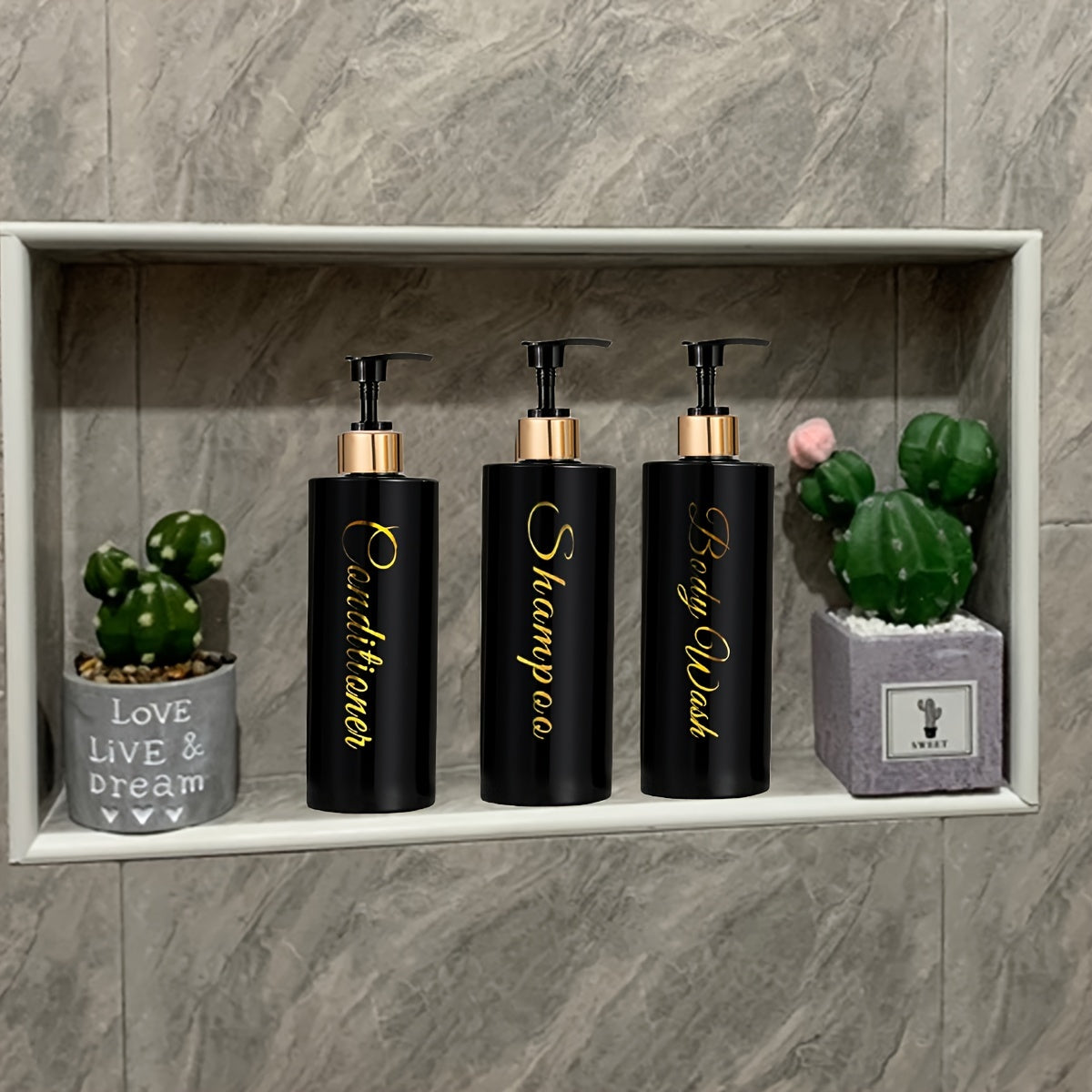 3-Piece 500ml White Plastic Bathroom Dispenser Set with Gold Labels for Shampoo Conditioner Body Wash