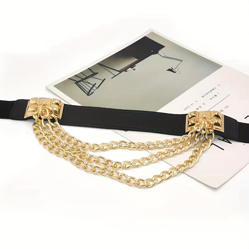 Elastic Waistband Belt with Punk Chain Fringe for Women's Dresses Solid Color Body Jewelry