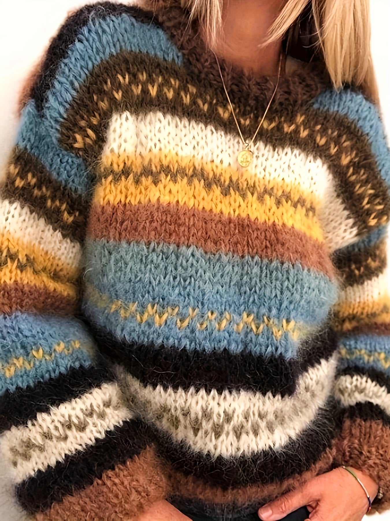 Women's Color Block Striped High Neck Sweater Long Sleeve Pullover