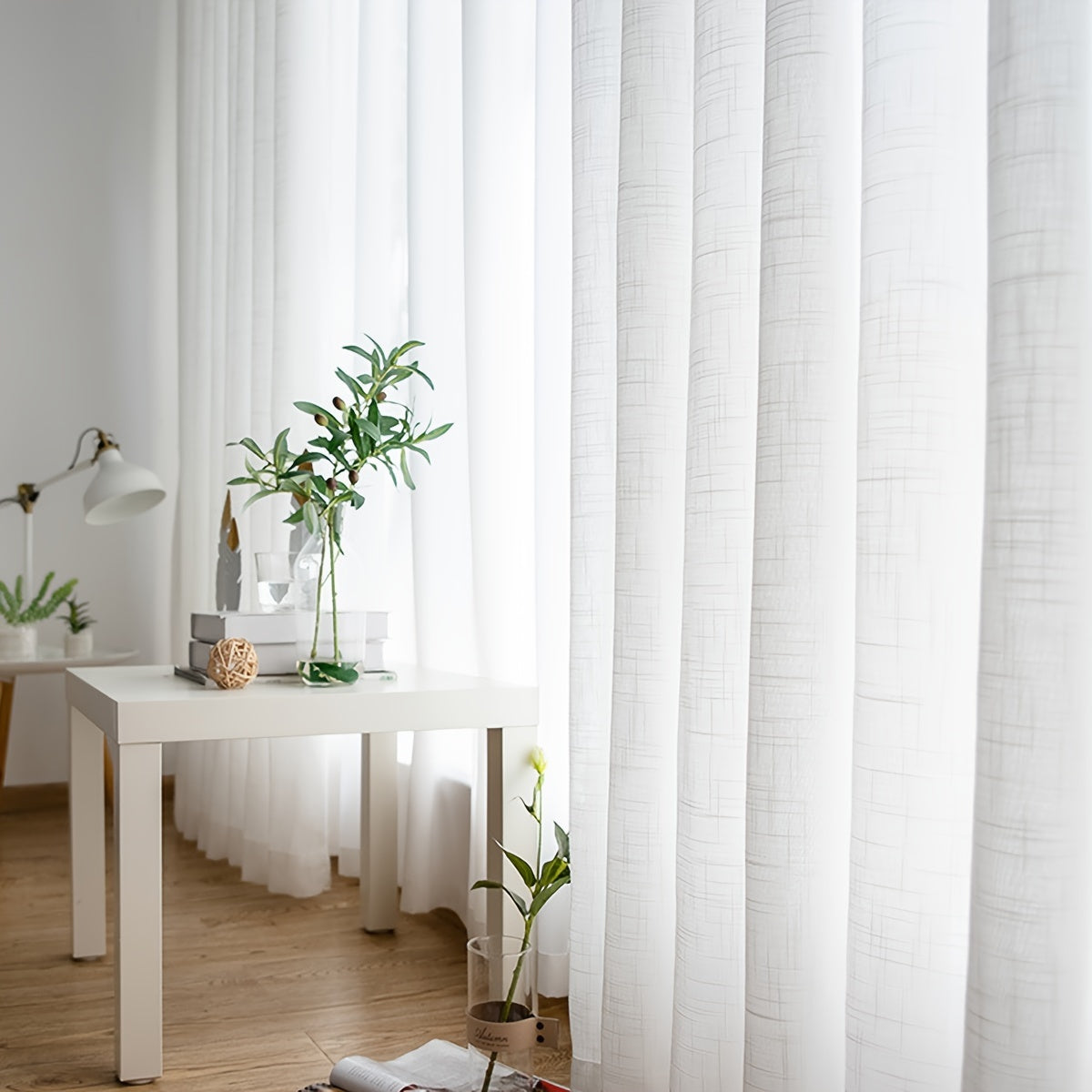 Set of 2 White Sheer Curtains with Cross Pattern for Living Room and Bedroom