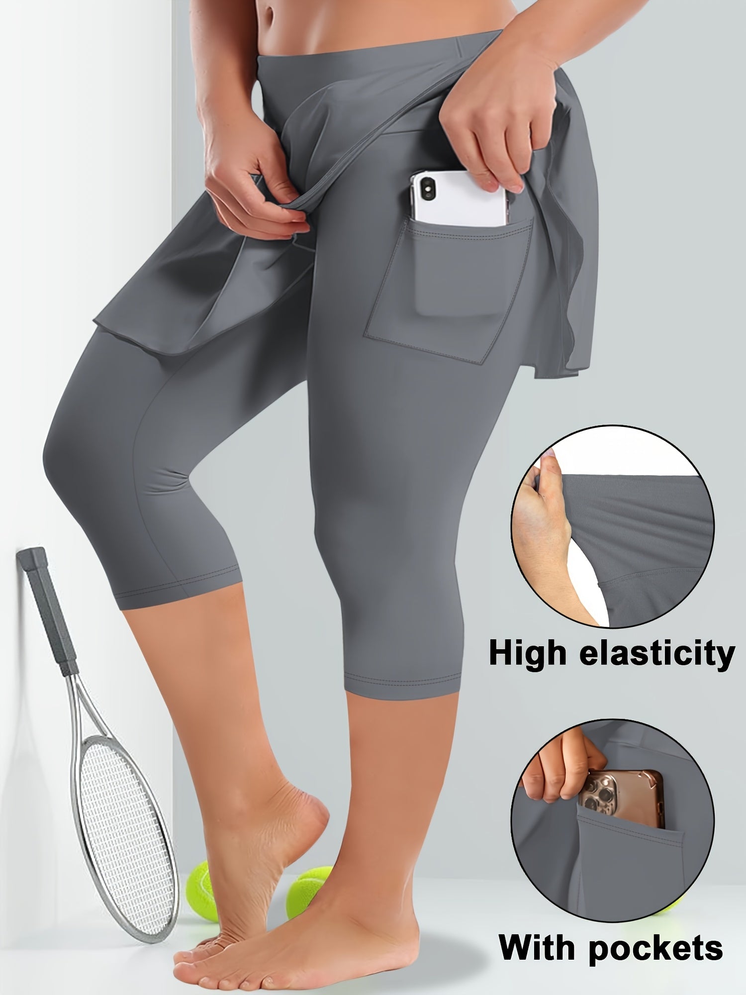 Culottes de talla grande de cintura alta con cierre y bolsillo para teléfono para deportes y uso casual