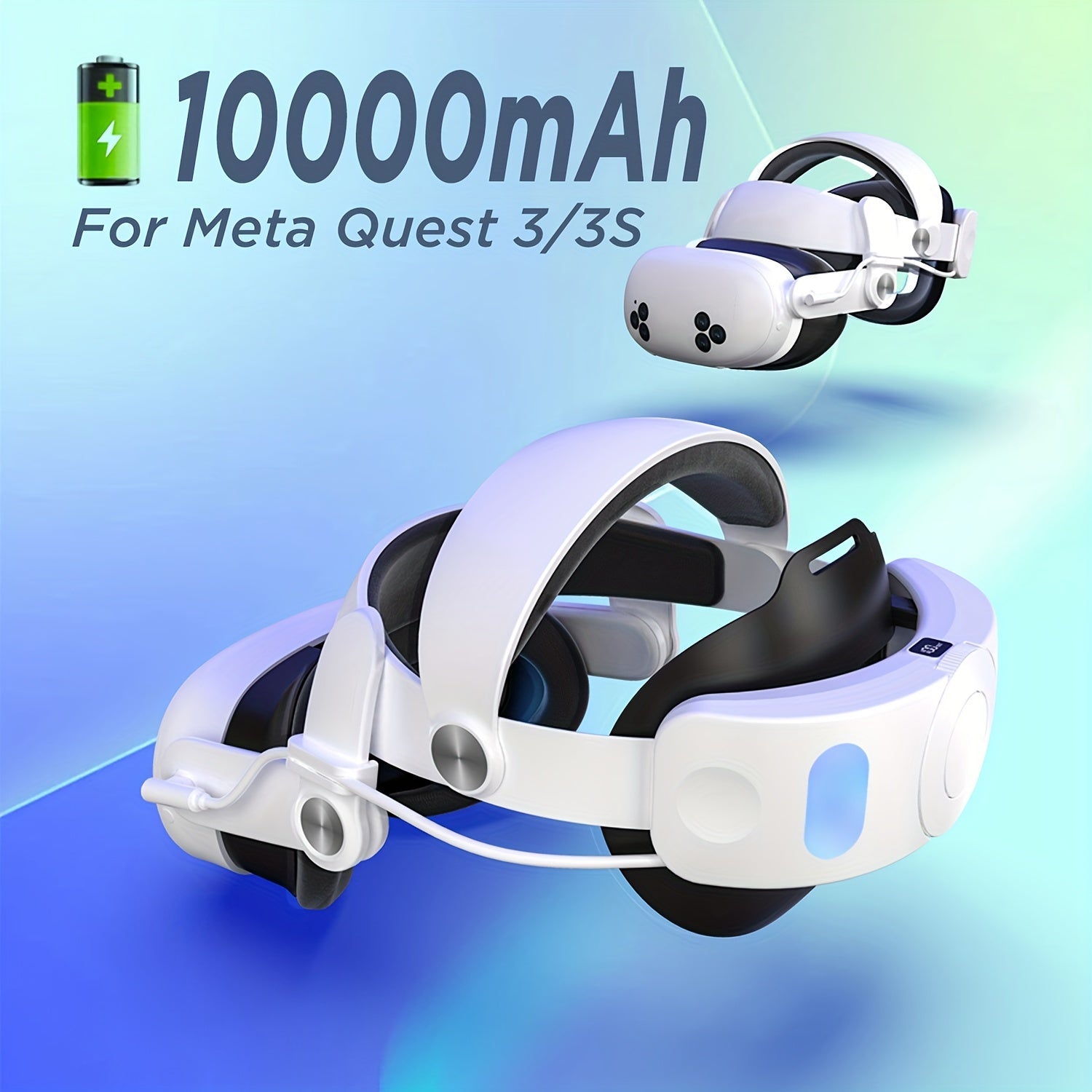 Adjustable VR Head Strap with 10000mAh Battery for Meta Quest 3S with RGB Lighting