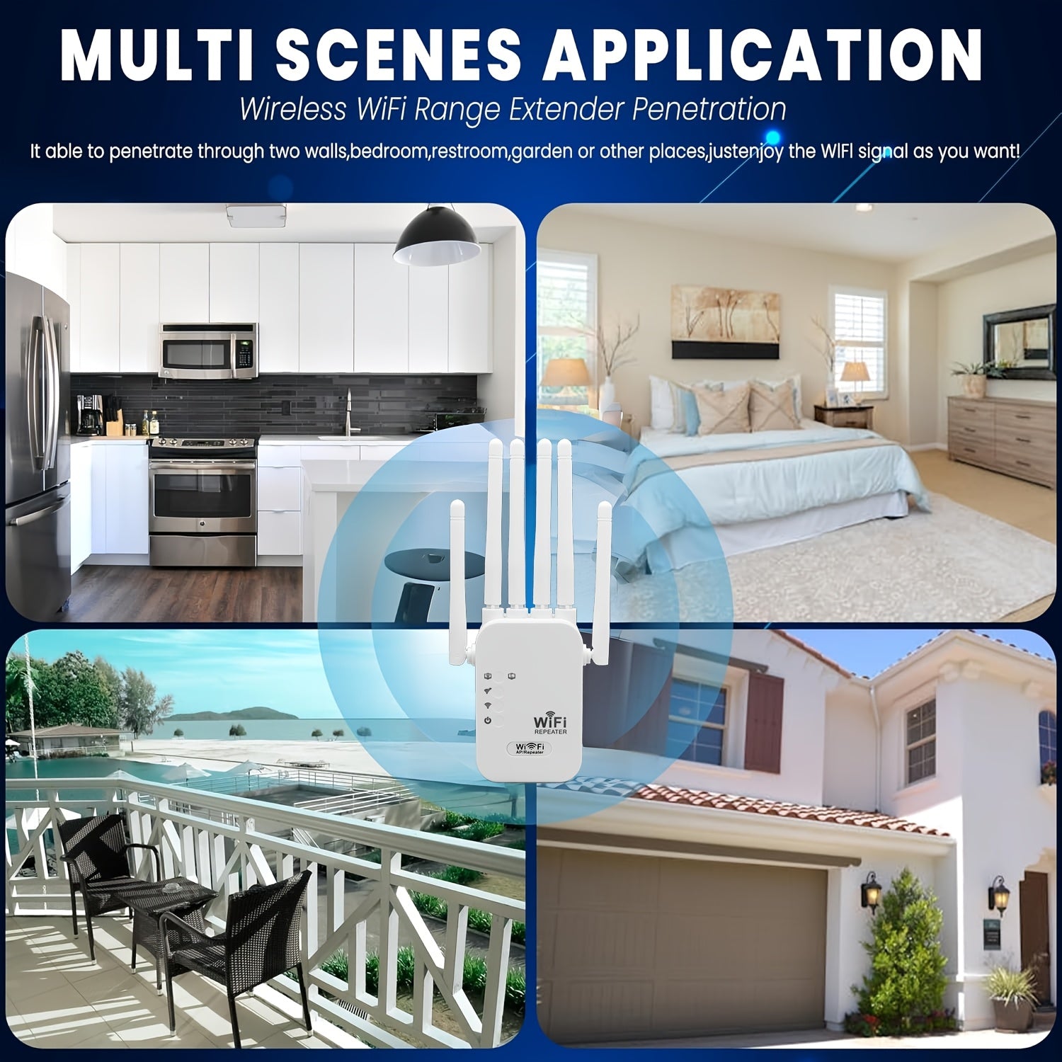 WiFi Signal Booster 1200Mbps Dual Band with 6 Antennas for Full Coverage and Ethernet Ports