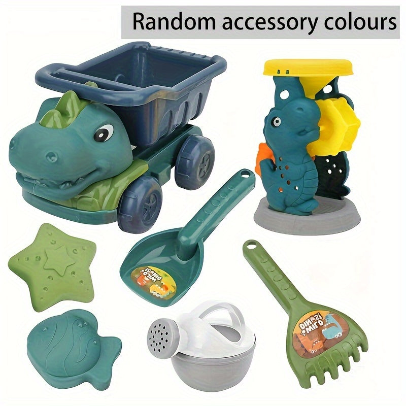 Kids Dinosaur Beach Toy Set with Dump Truck Watering Can Shovel Rake Sand Molds 7 Pieces