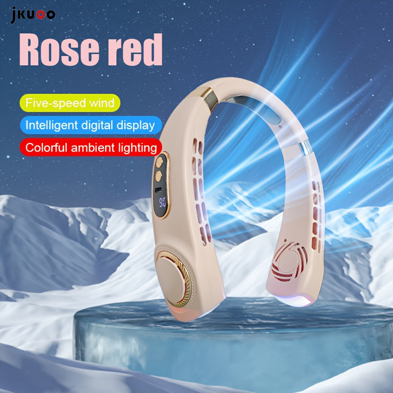 USB Rechargeable Bladeless Neck Fan with 5 Speeds Portable Cooling for Travel Camping