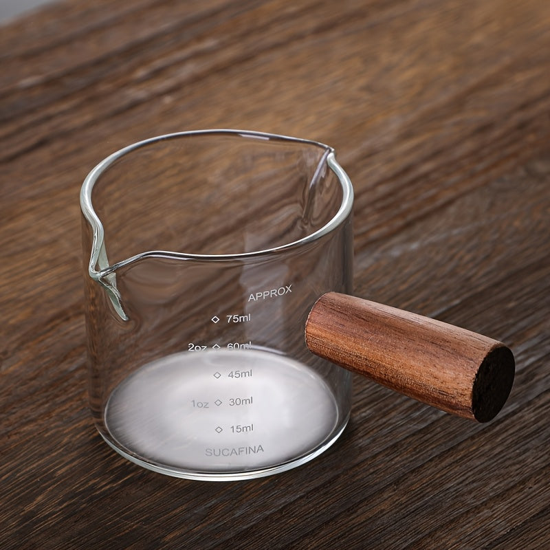 Taza de café de vidrio de borosilicato con asa de madera, doble pico y marcas de medición