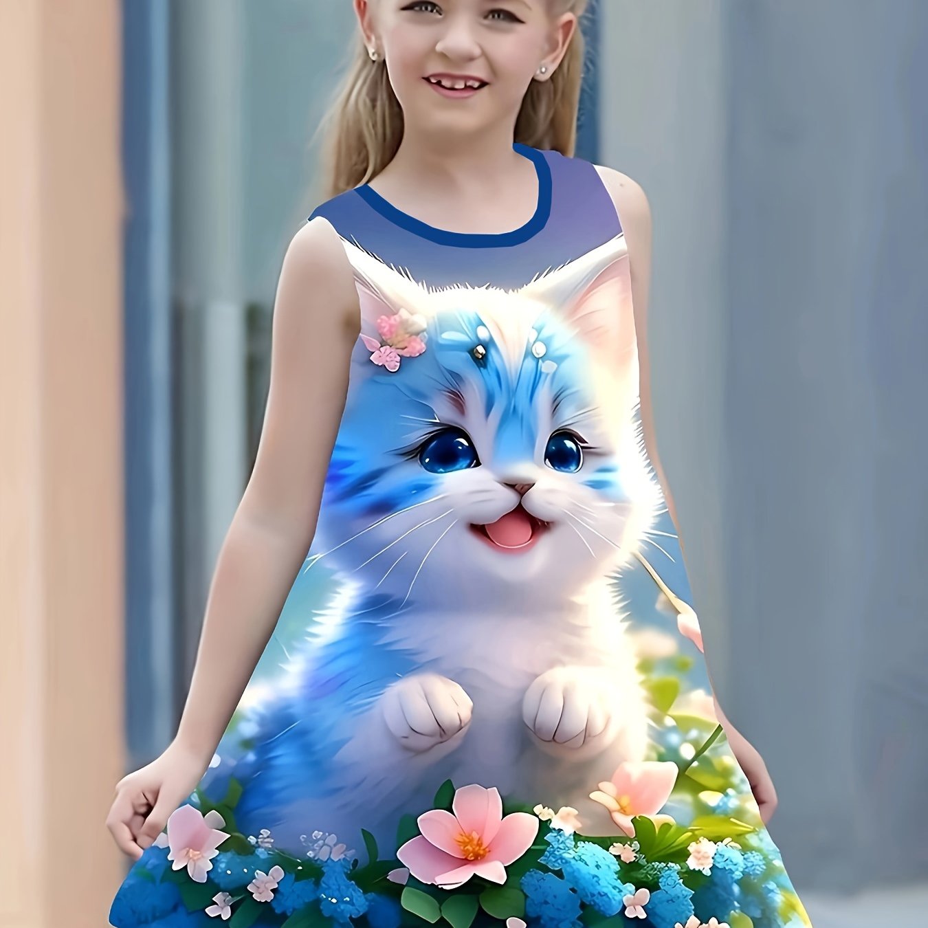 Sevimli Qizlar uchun Moviy Yengsiz Mushuk Libosi, Gullar Printi bilan, 100% Polyesterdan tayyorlangan. Yoshlar uchun tasodifiy yozgi kiyim, qulay to'qilgan.