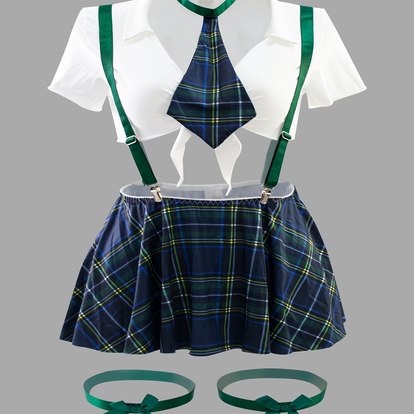Plus Size Women's Role Play Uniform Set With Plaid Skirt Top Panties Bow Tie