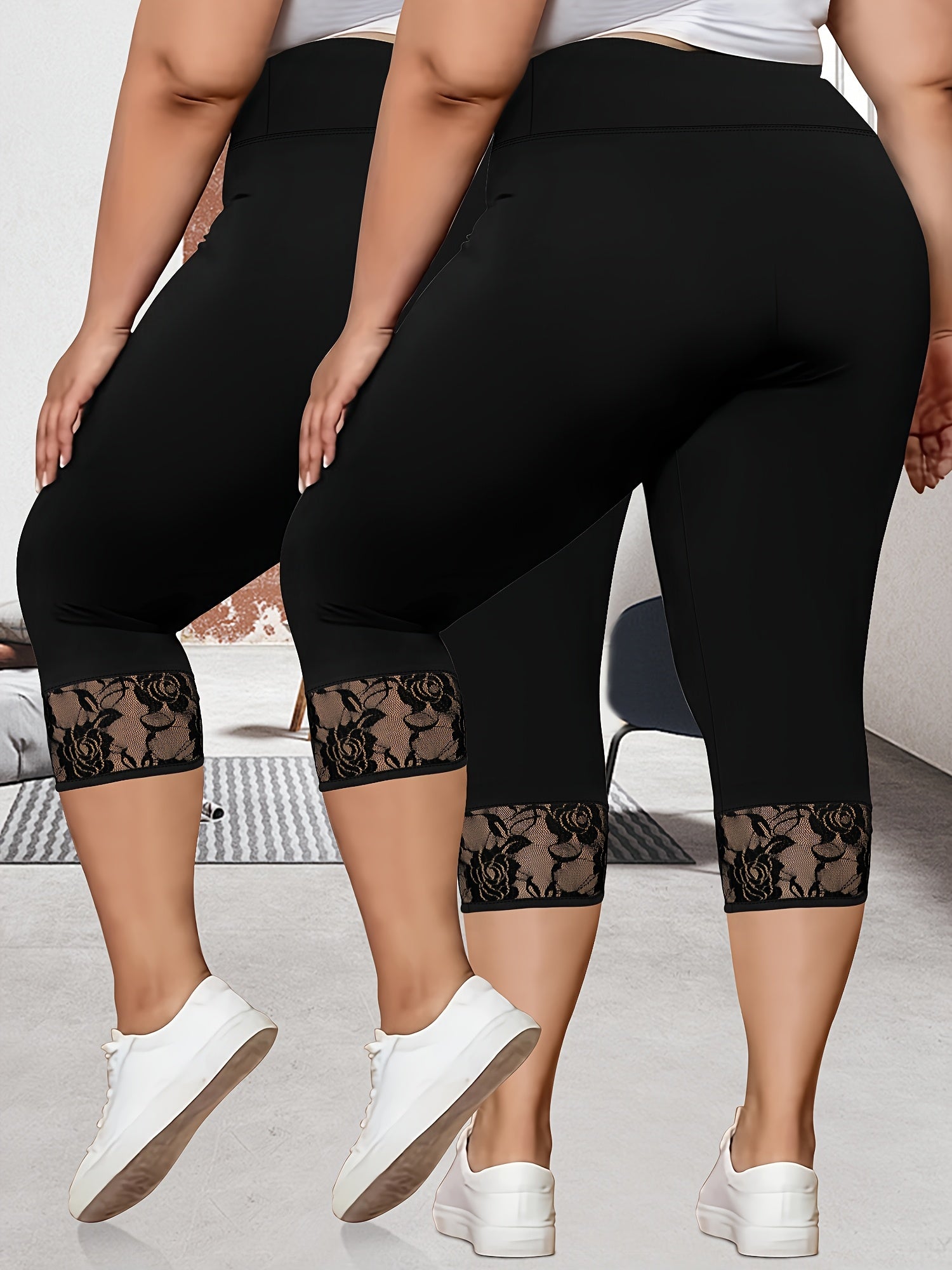 Plus Size High-Waisted Flounce Hem Pants Two-Pack Spring Summer Patchwork Lace
