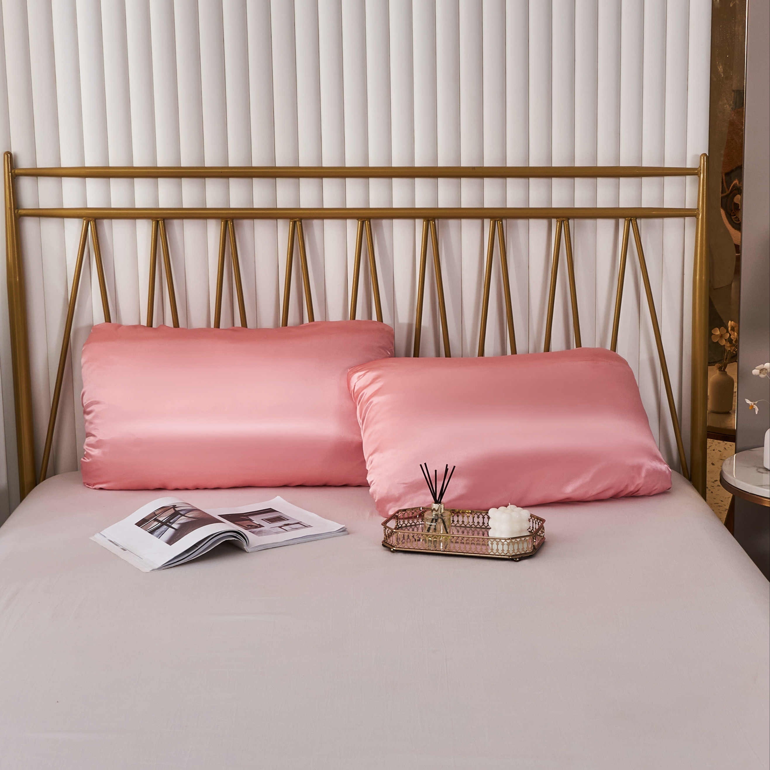 Satin Pillowcases Set of 2 with Elastic Bands, Soft Non-Slip Fabric for Bedroom