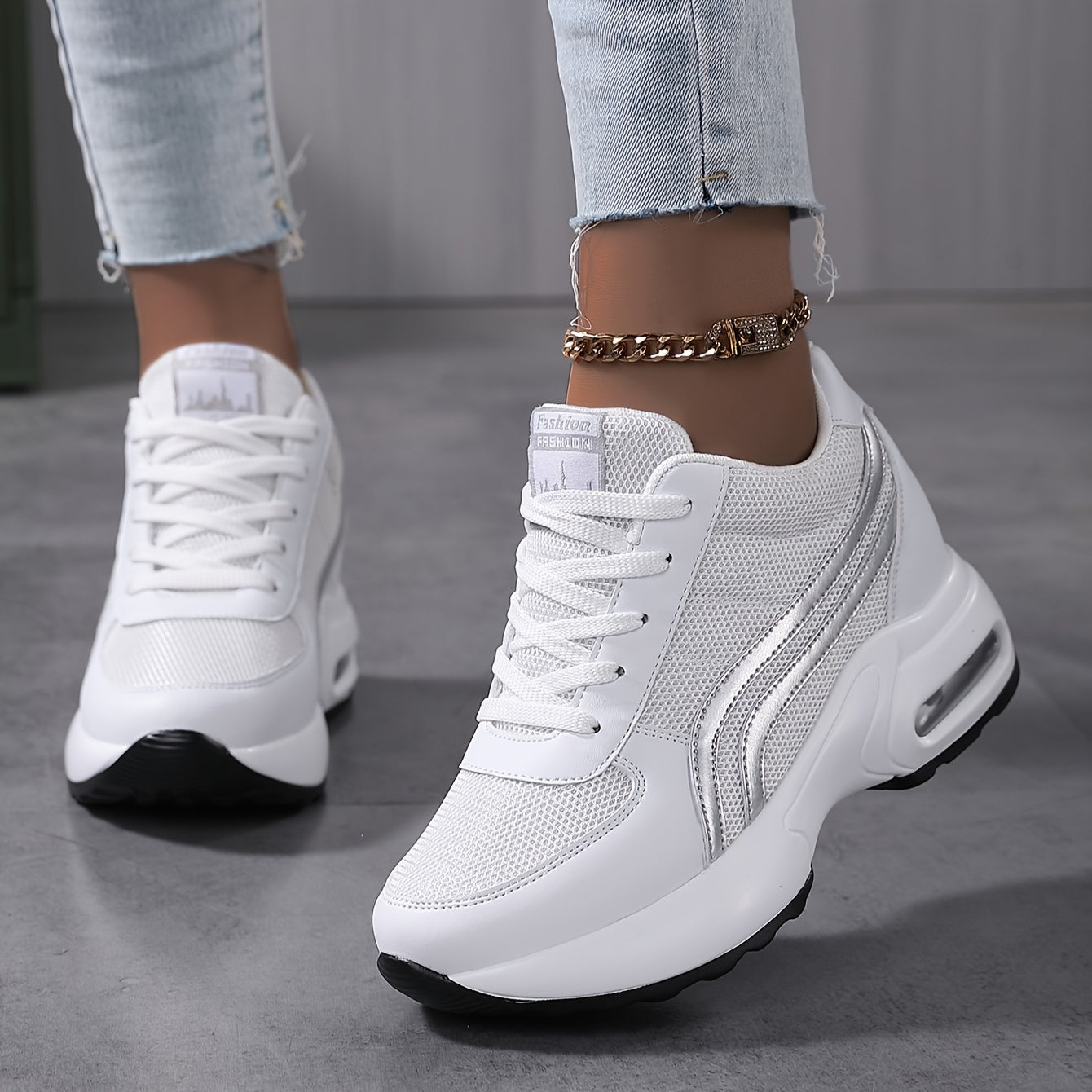 Women'S Mesh Casual Sneakers with Cushioned Air Sole, White, Low-Top, Comfortable Walking Shoes