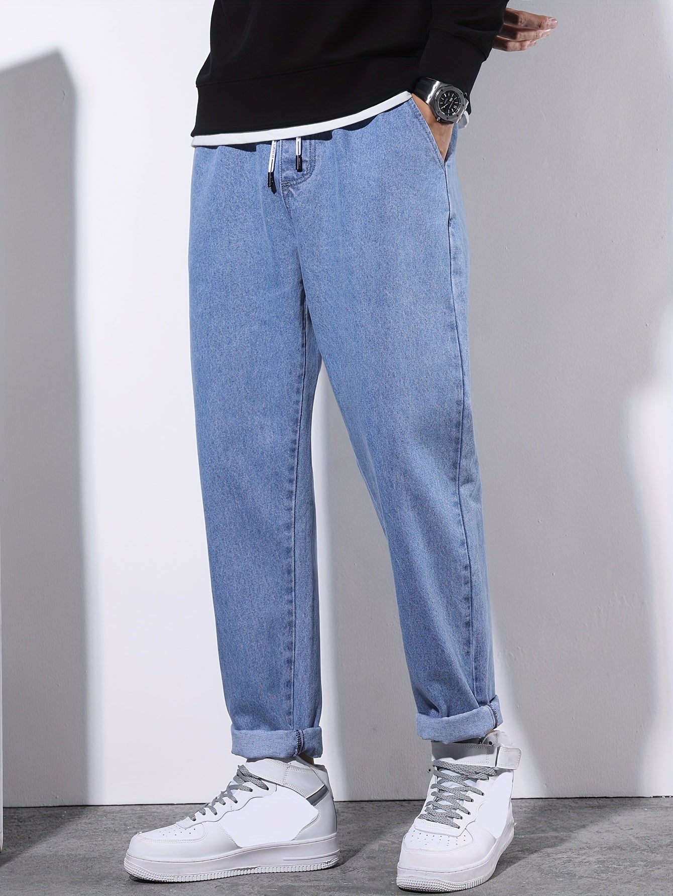 Men's Denim Pants Regular Fit Solid Wash Cotton Blend Casual Drawstring Waist