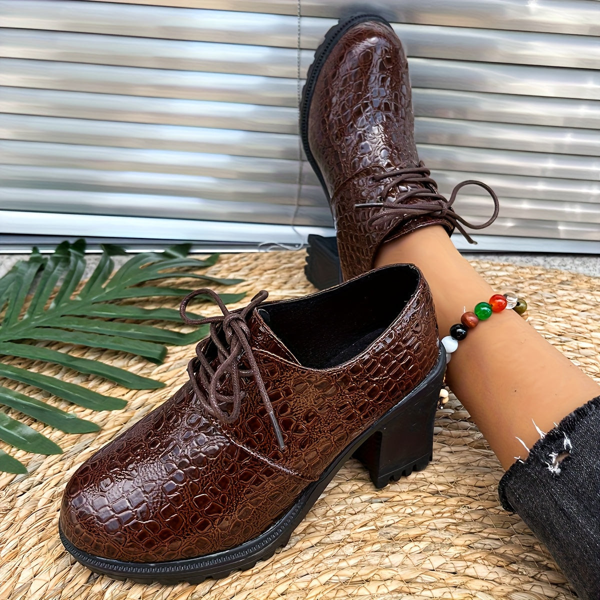 Women's Burgundy Crocodile-Textured PU Oxford Shoes Chunky Heels