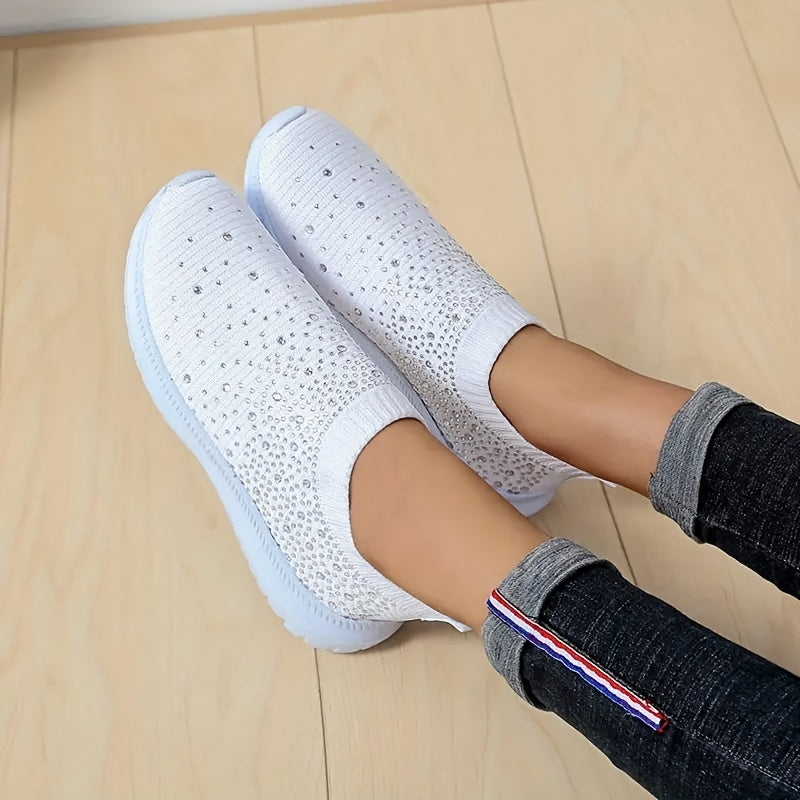 Women's Rhinestone Sneakers Breathable Knit Slip-On White Casual Shoes