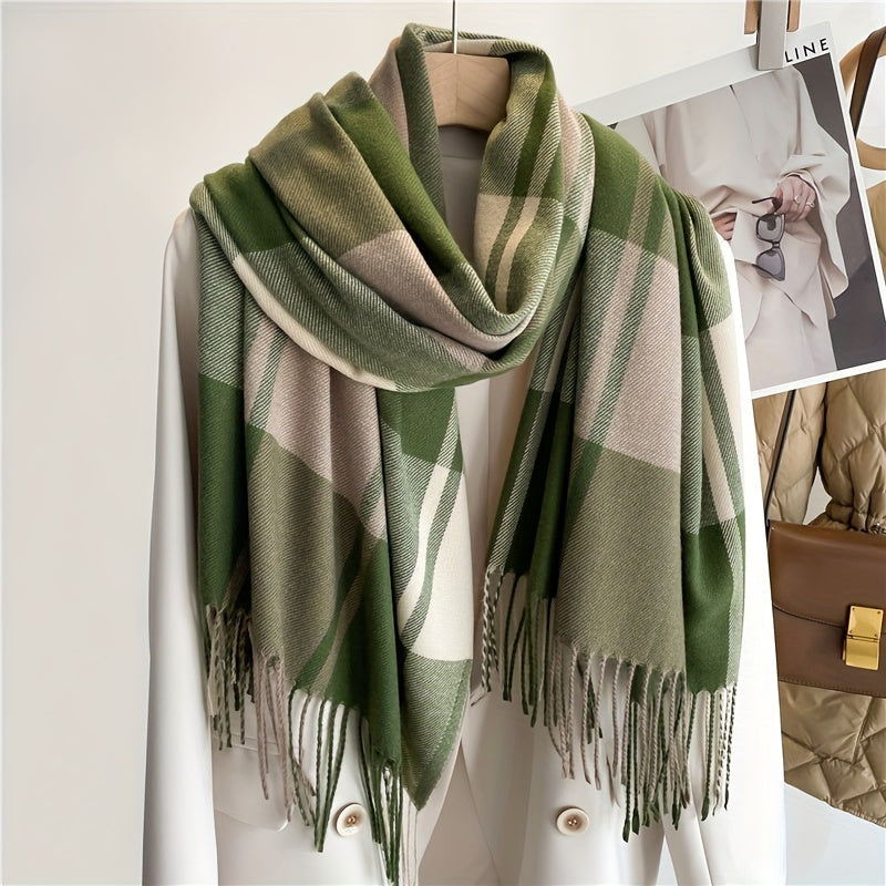 Plaid Wool Scarf with Tassel Detail for Autumn Winter Warmth and Style