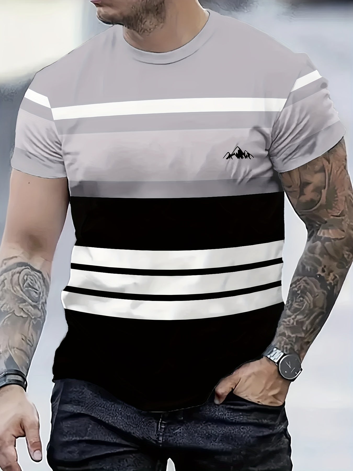 Men's Polyester Striped Crew Neck T-Shirt Regular Fit All-Season