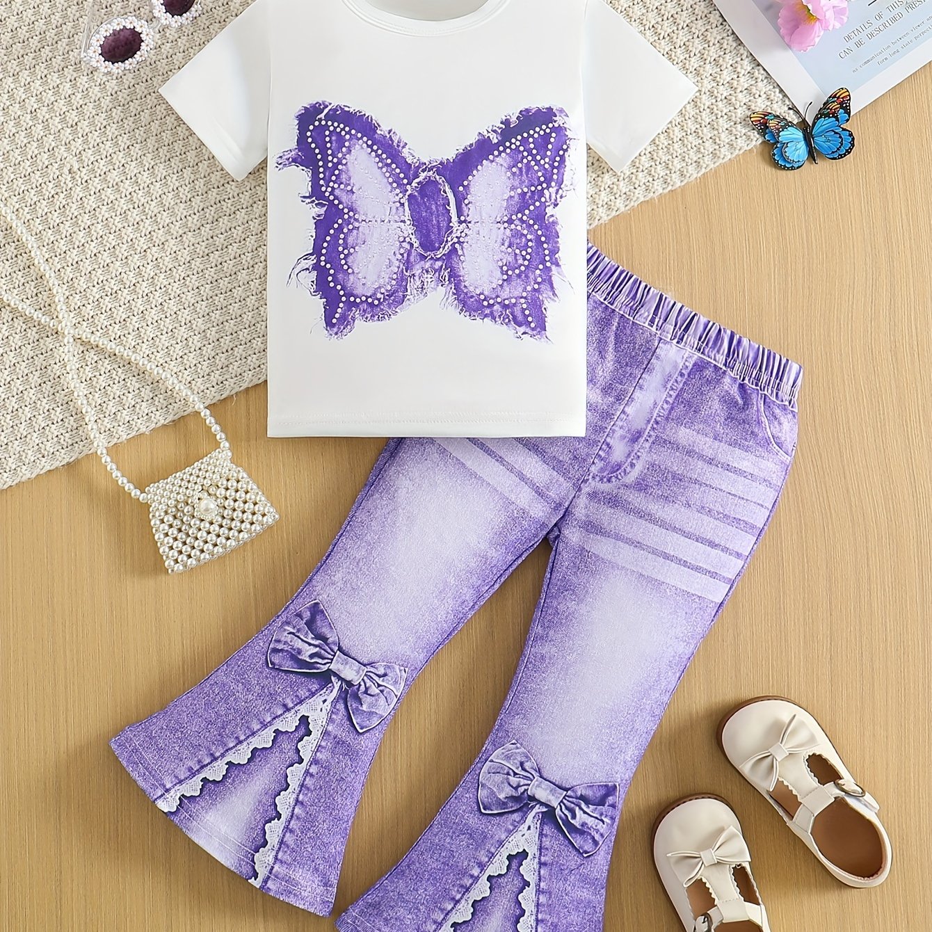 Kids' Casual Set Short Sleeve Top and Split Denim Micro Bell Pants Polyester Animal Pattern
