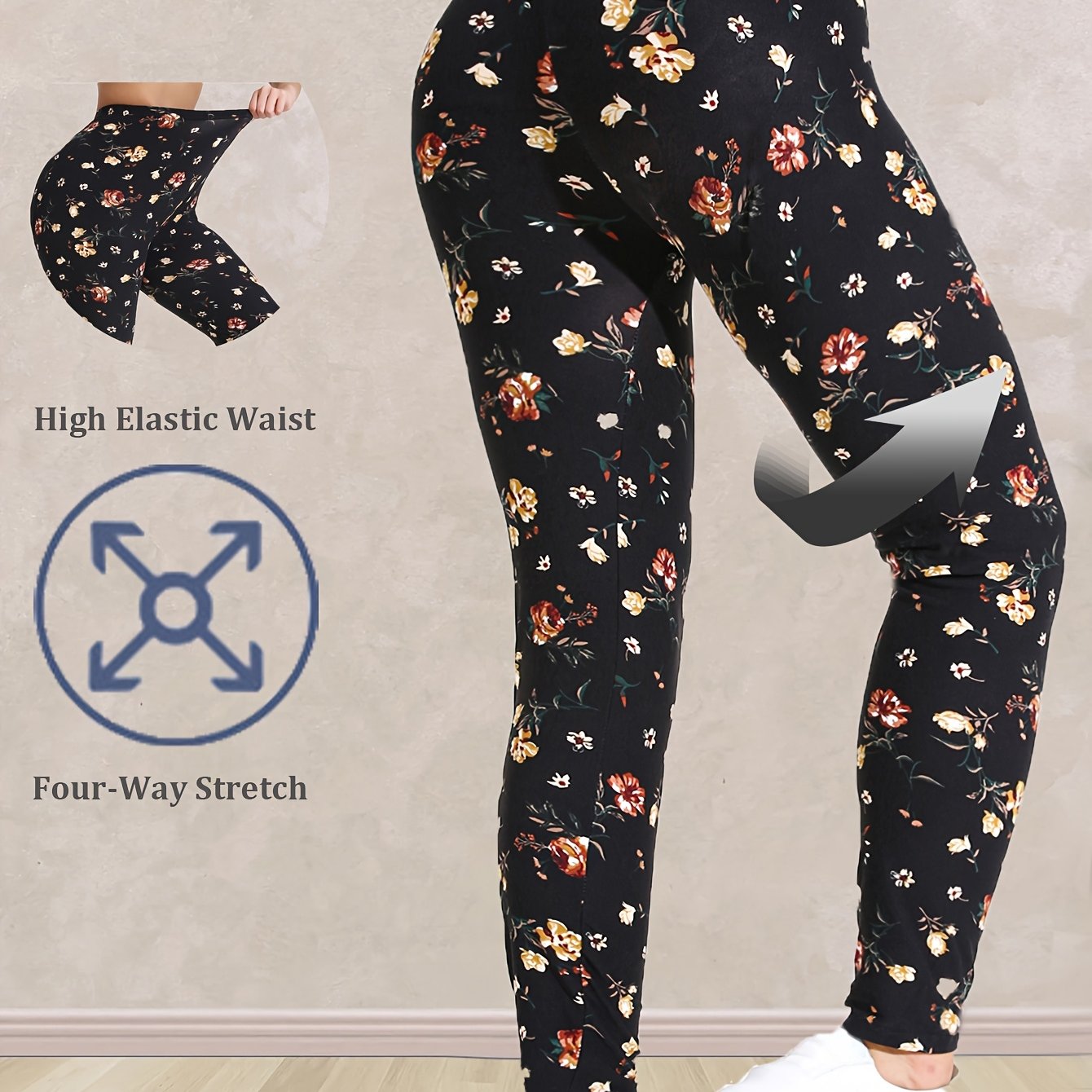 Plus Size Women's Floral Print High-Waisted Yoga Leggings | 7/8 Length Compression Pants
