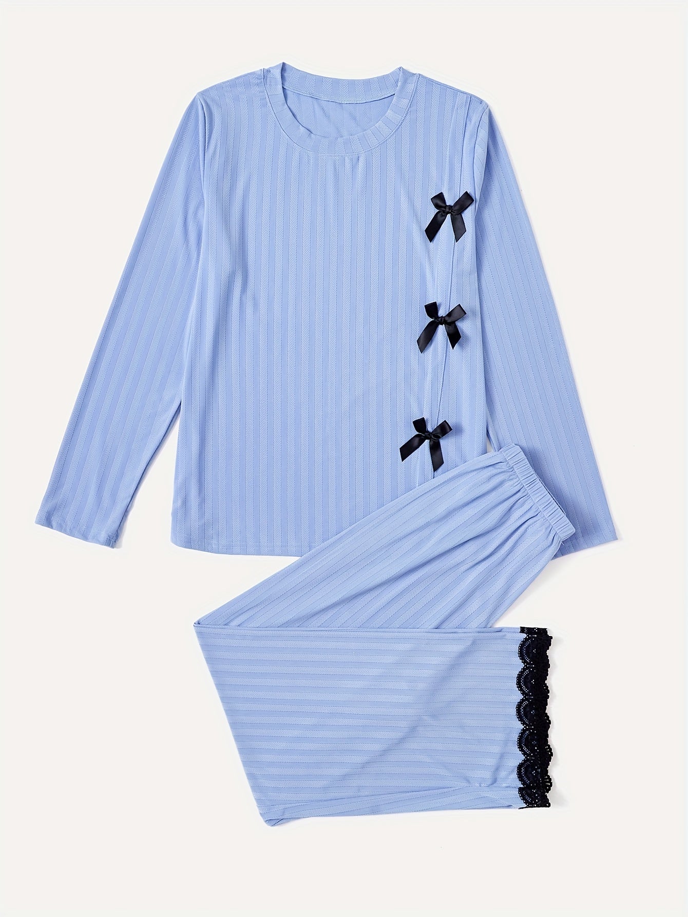 Women's Solid Lounge Set with Crew Neck Top and Lace Trim Pants