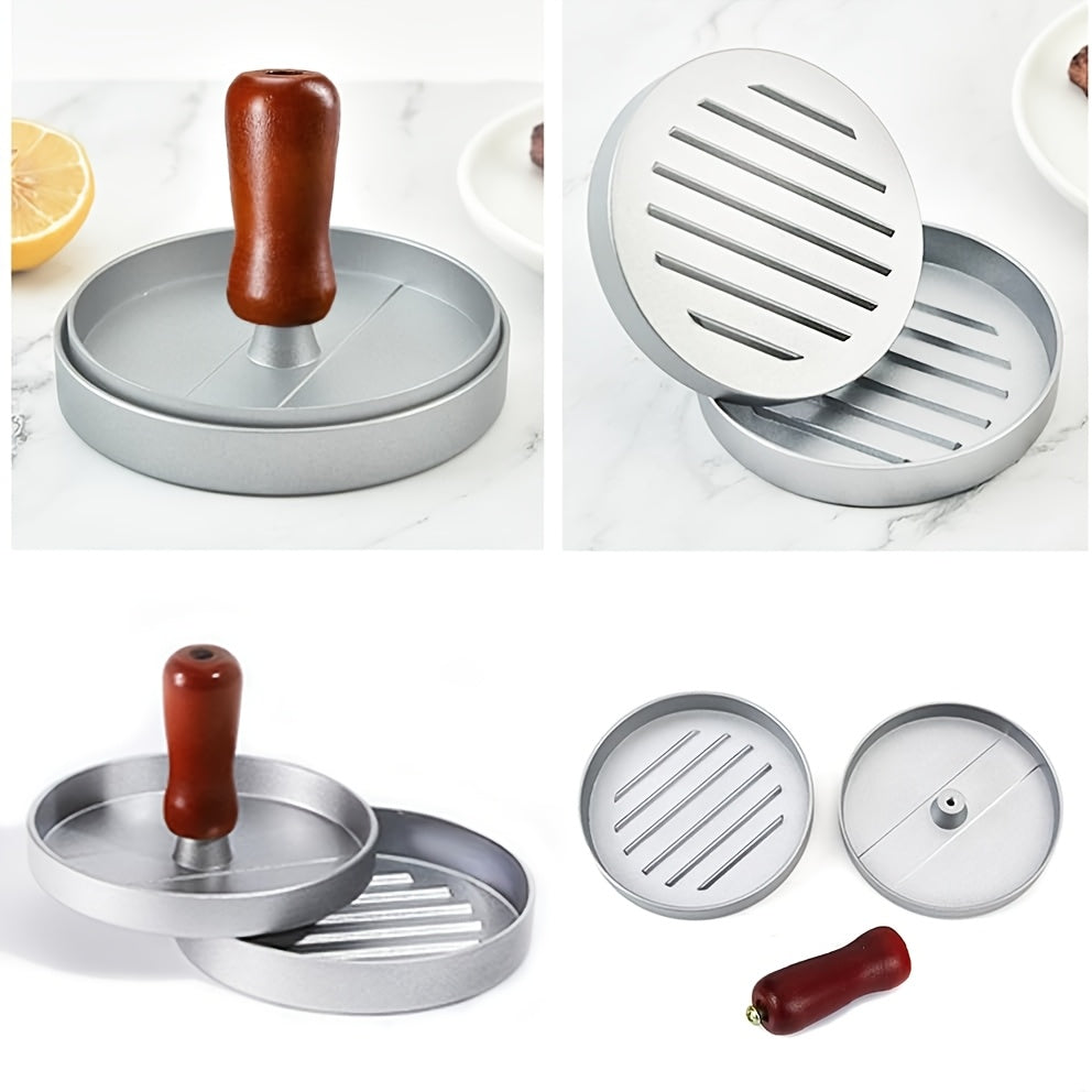 Grey Metal Burger Press with Non-Stick Coating and Wooden Handle