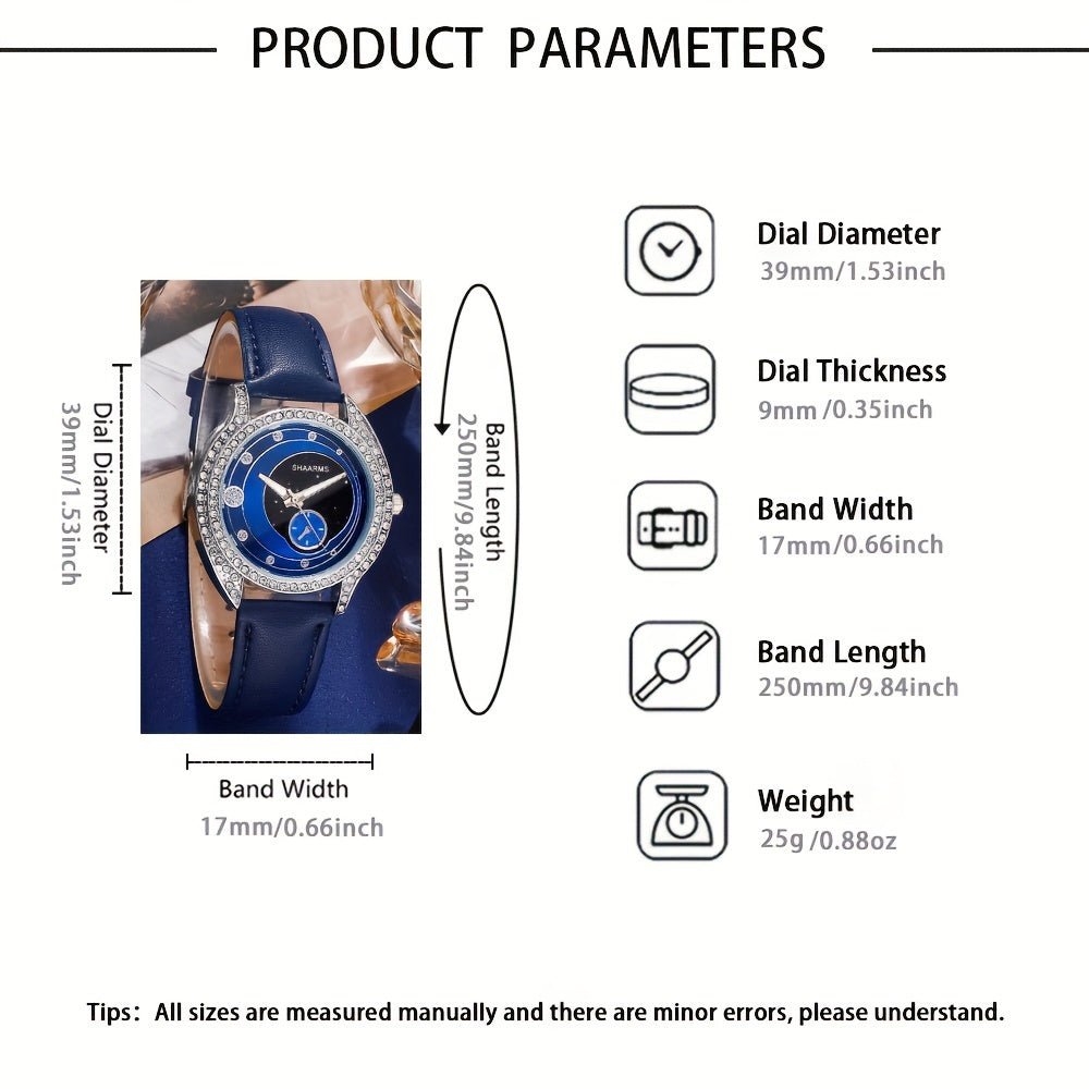 Набор из 6 женских элегантных кварцевых часов и украшений с синими ремешками и кристальными вставками