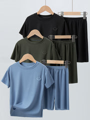 Boys' Summer Casual Tracksuit Set with Smile Face T-Shirt and Shorts for Kids Over 3 Years