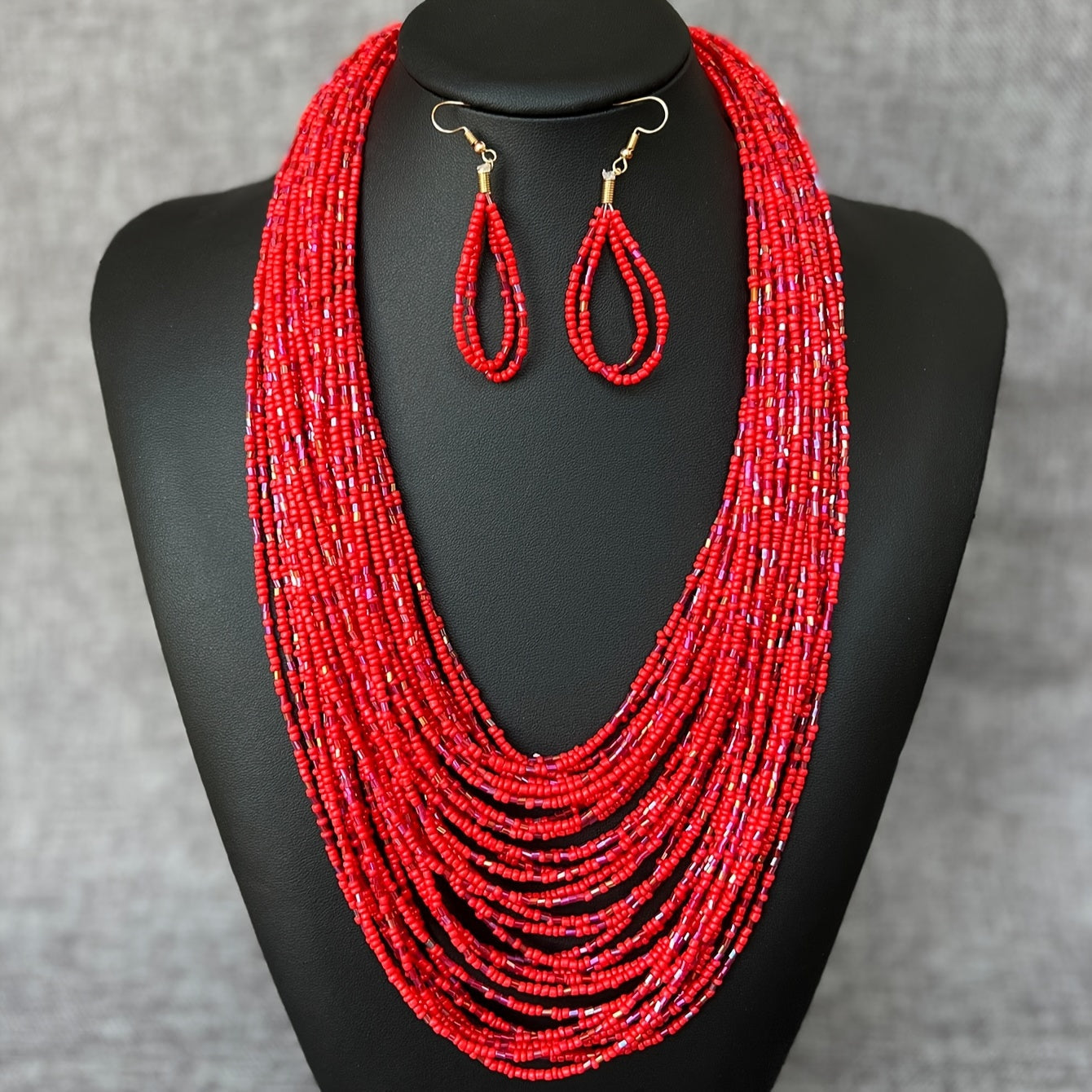 Bohemian Ethnic Style Red Rice Bead Glass Tube Necklace and Earrings Women’s Jewelry