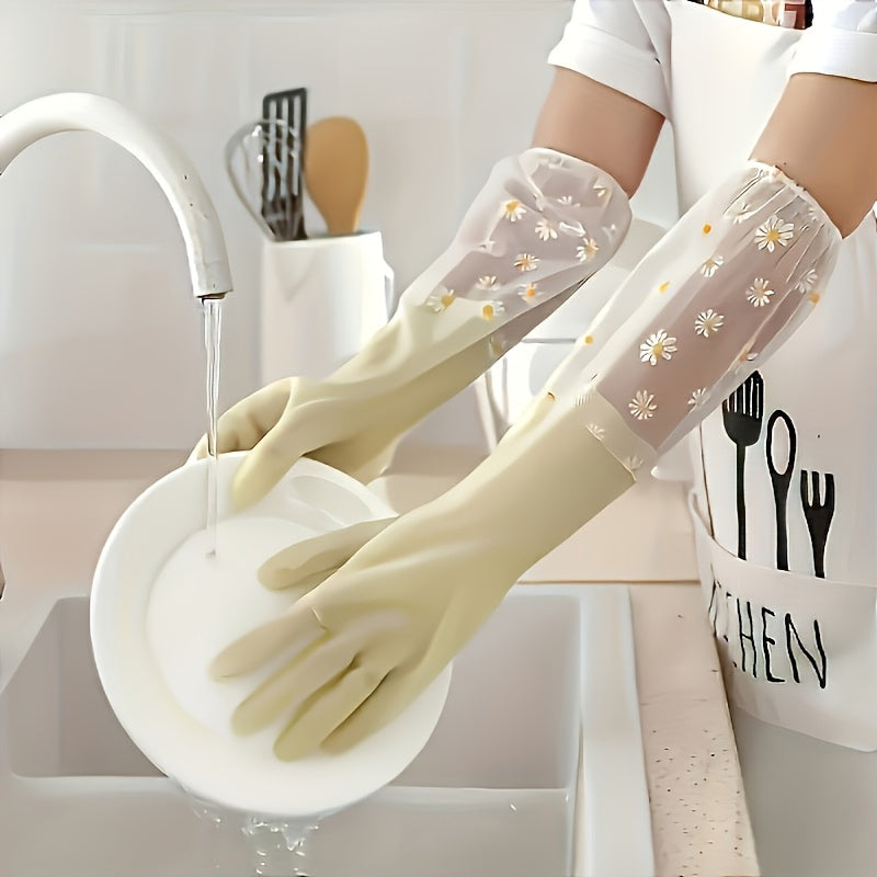 Pink Waterproof PVC Cleaning Gloves with Daisy Pattern for Kitchen and Bathroom