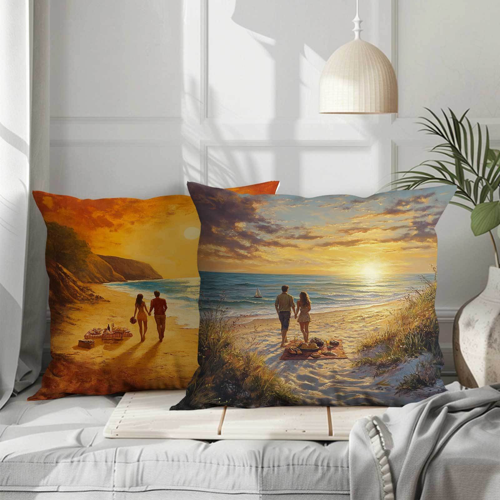 4 ta Coastal Sunset Beach Walk yostiq qoplami polyesterli fermuar yopilishi bilan to'plam, mashinada yuvish mumkin