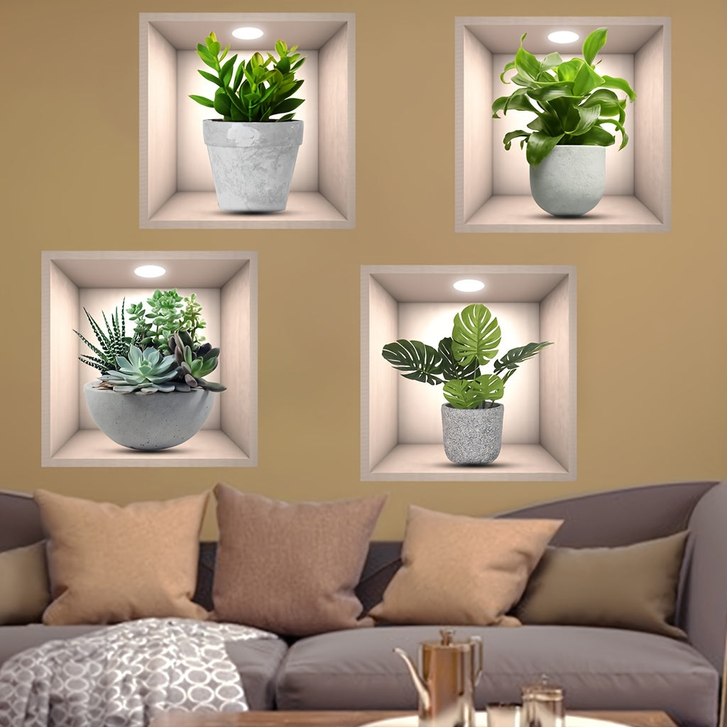 Set of 4 Green Potted Plant Wall Decals Waterproof Removable PVC Stickers for Home Office Room