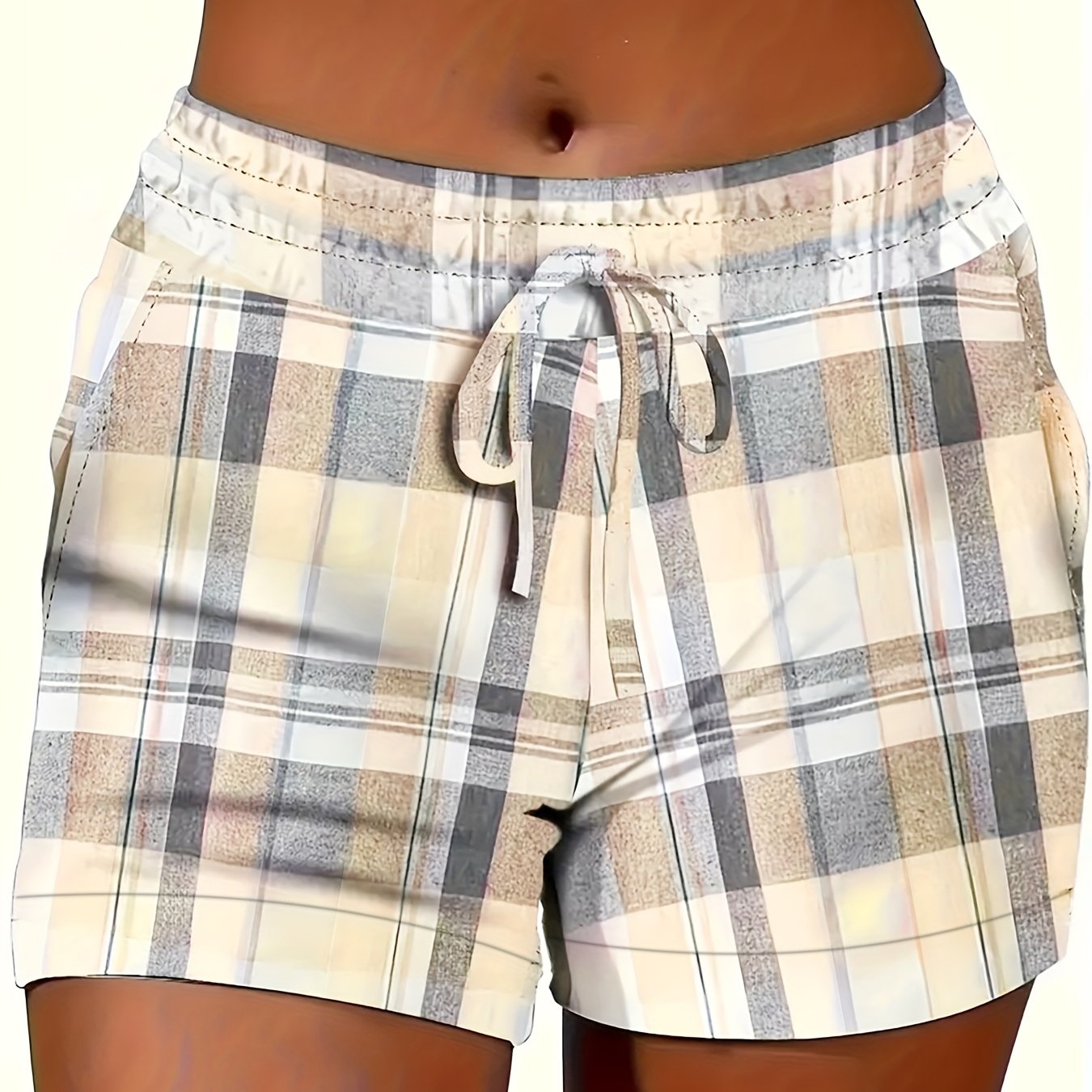 Plus Size Women Casual Summer Plaid Drawstring Shorts
