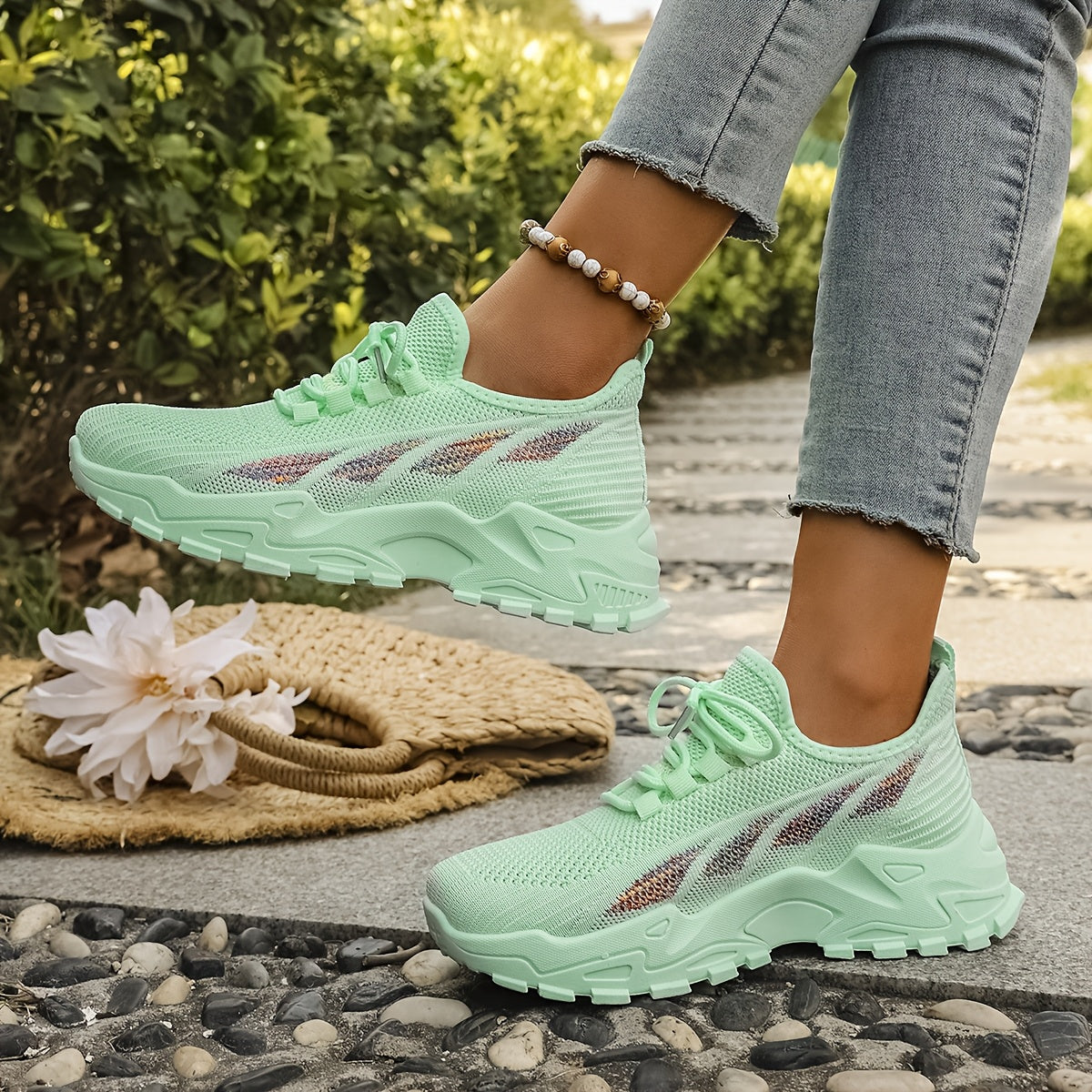 Women’s Breathable Knit Sneaker Casual Low-Top Walking Shoe with Round Toe