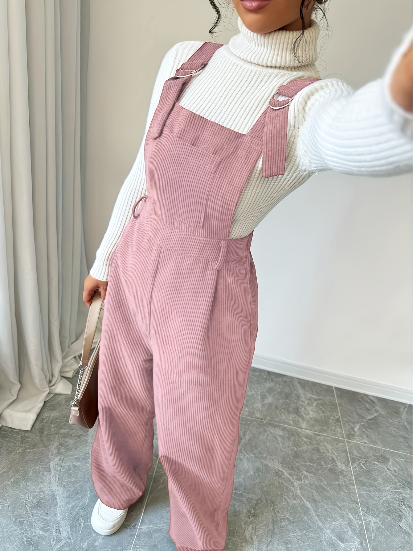 Women's Spandex Polyester Jumpsuit with Wide Straps and Button Details for Fall Winter