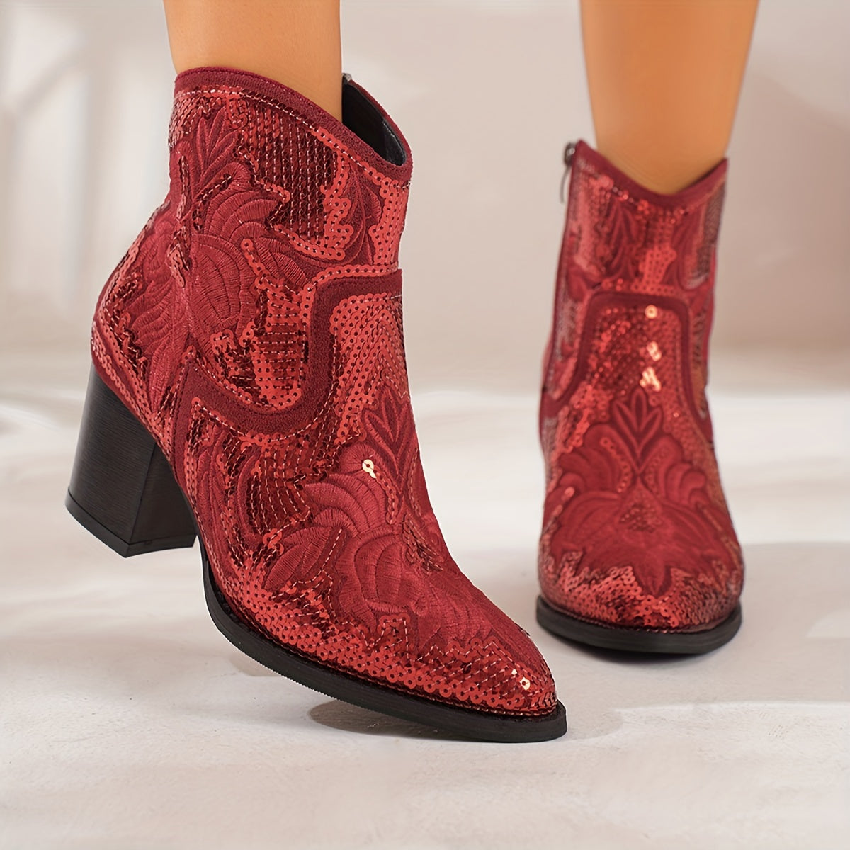 Women's Velvet Block Heel Ankle Boots with Floral Design for Dressy Occasions