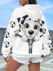 Women’s White Dog Print Hoodie Casual Plus Size Pullover with Drawstring