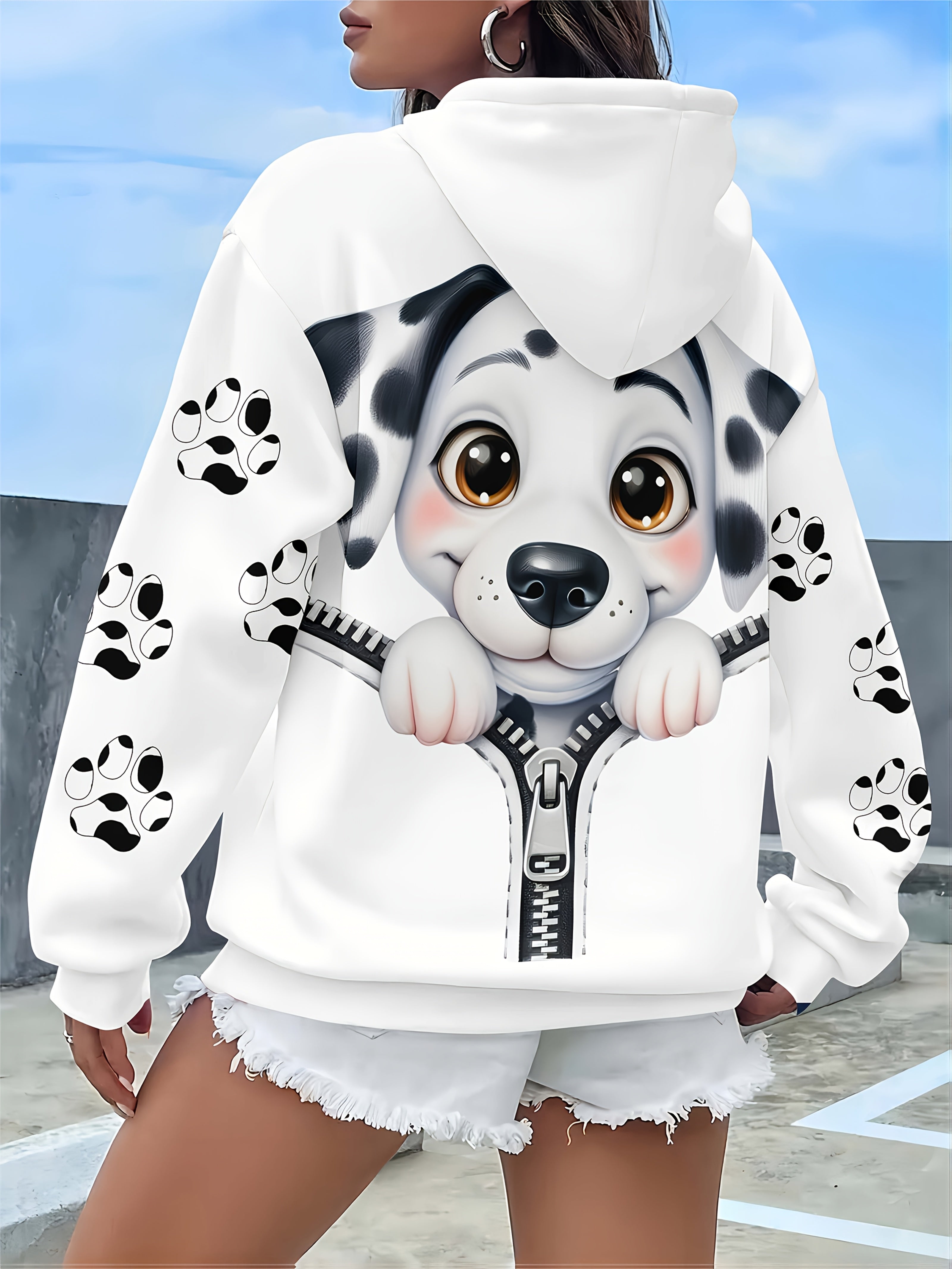 Women’s White Dog Print Hoodie Casual Plus Size Pullover with Drawstring