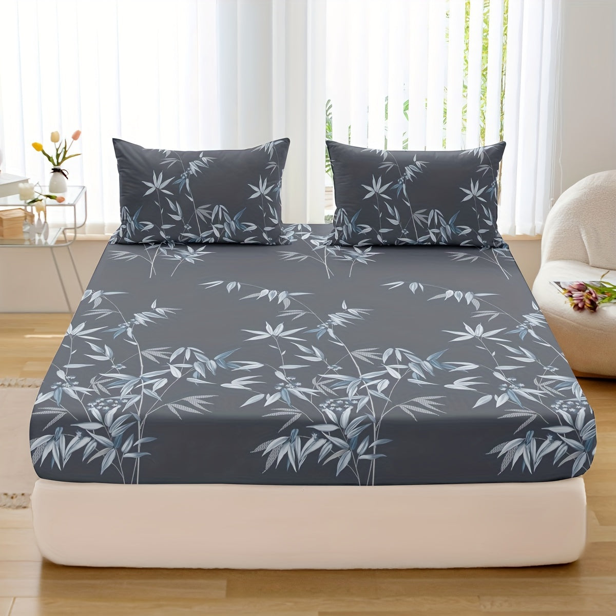 Set of 3 Plant Printed Fitted Sheets Bedding Set Breathable Soft for Bedroom and Guest Room