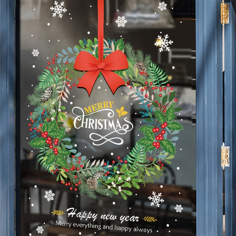 Set of 2 Christmas Wreath Window Clings Holiday Decor for Glass Doors