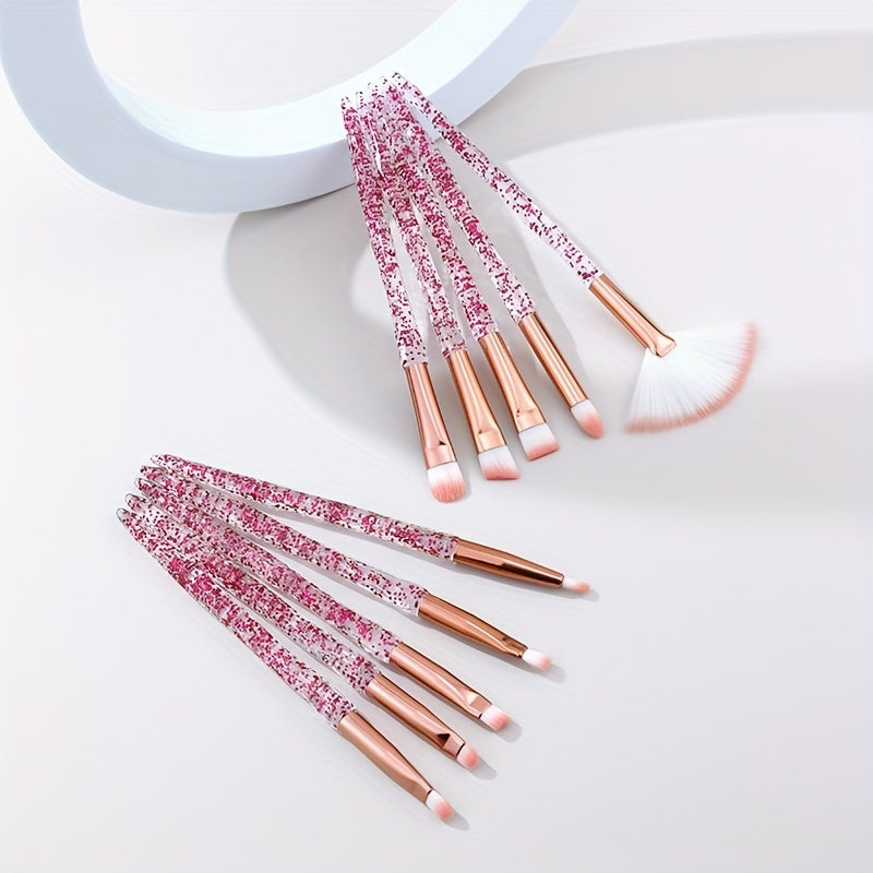10Pc Makeup Brush Set Pink Glitter Crystal Handles Soft Nylon Bristles for Face Eyeshadow