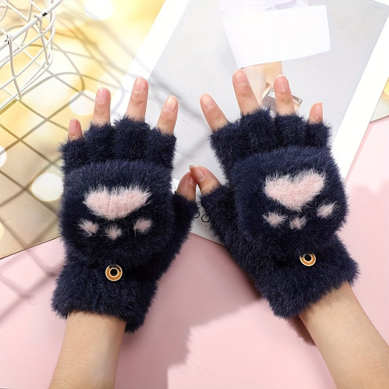 Convertible Acrylic Gloves with Cartoon Cat Claw Design, Non-Slip Grip, Windproof Winter Gloves