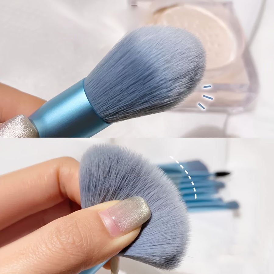 8-Piece Blue Facial Makeup Brush Set for Beginners Portable Travel-Friendly