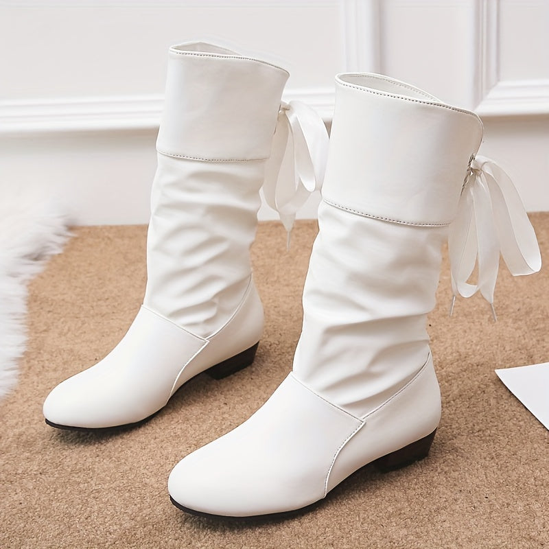 Women's Ribbon Tie Mid-Calf Wedge Boots Casual Slouchy Solid Color