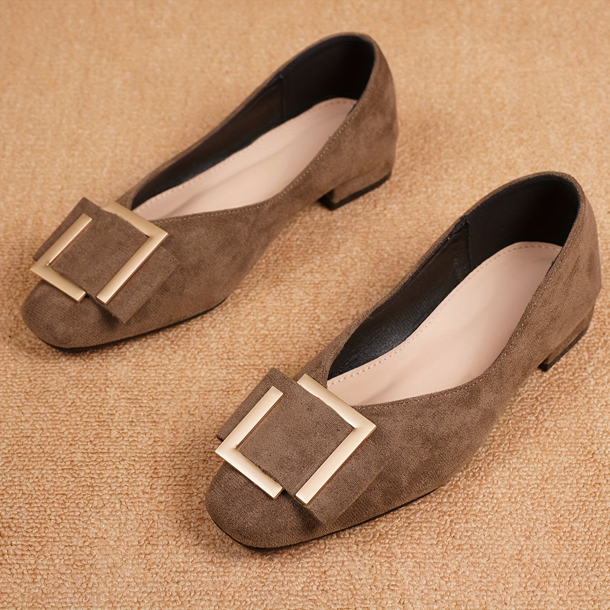 Women's Flat Shoes Brown Geometric Square Toe Slip-On Ballets Comfortable Daily Wear