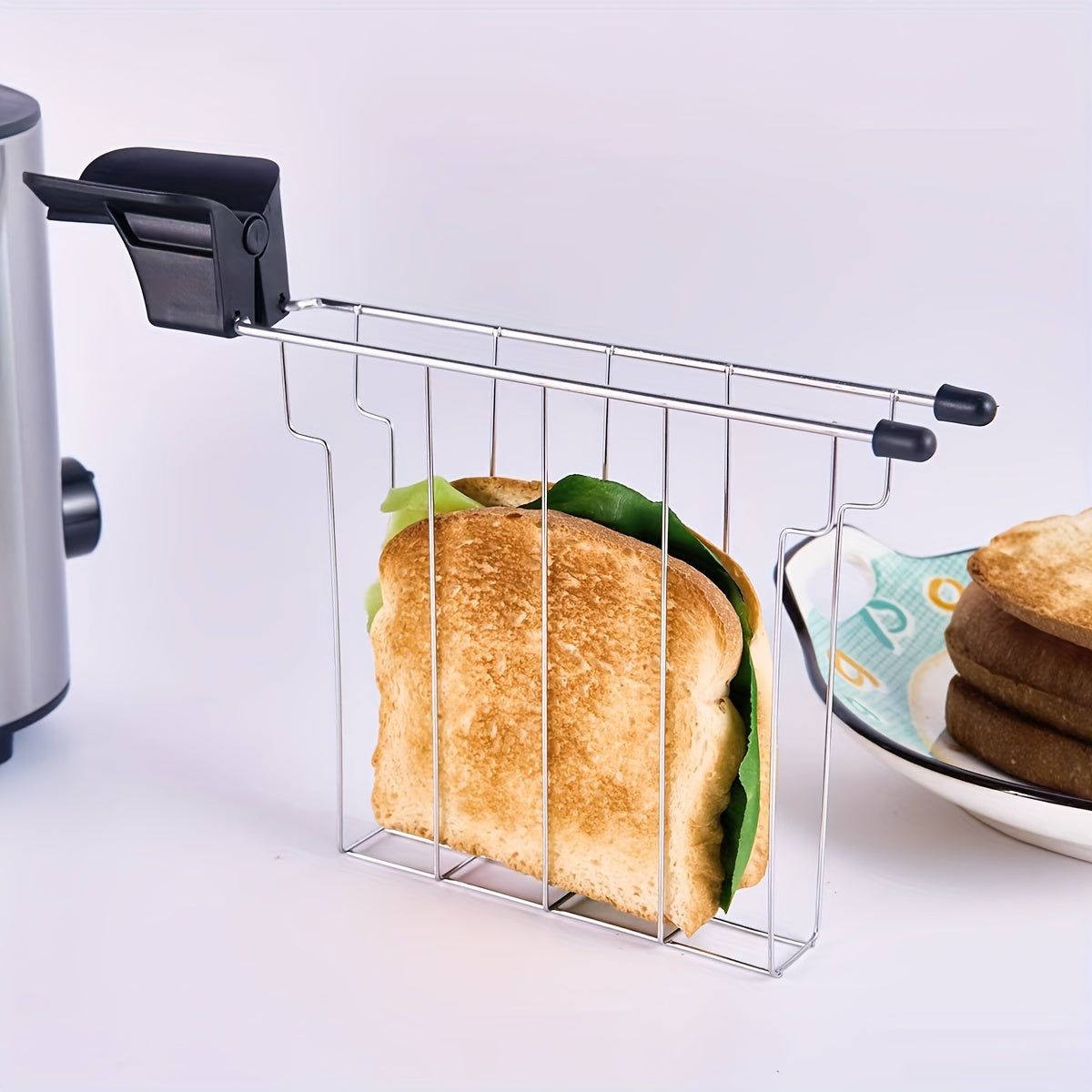 Stainless steel sandwich holder cage with heat-proof handle for toaster, anti-scalding clip