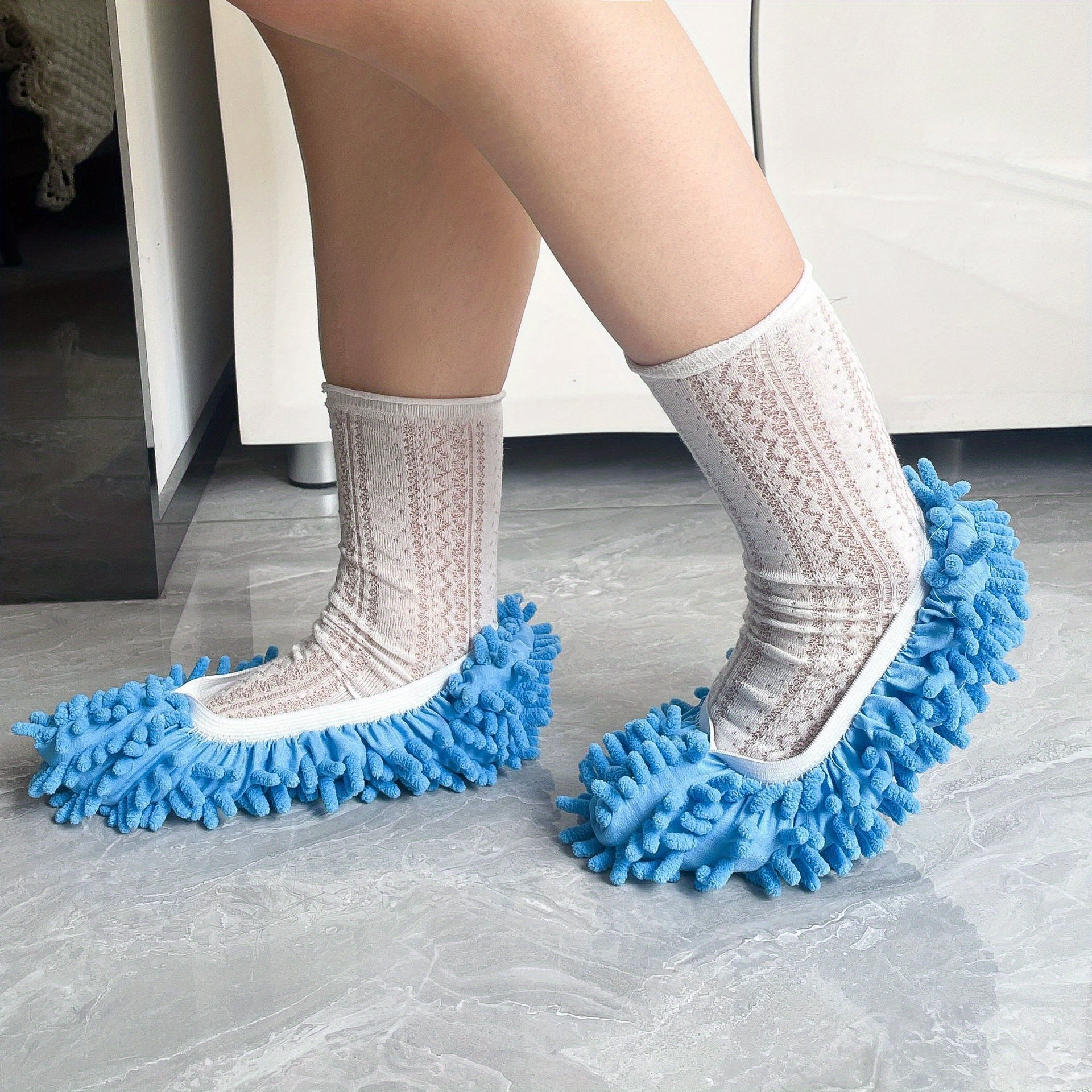 Blue and White Lace Pattern Plush Chenille Mop Slippers for Home Comfort
