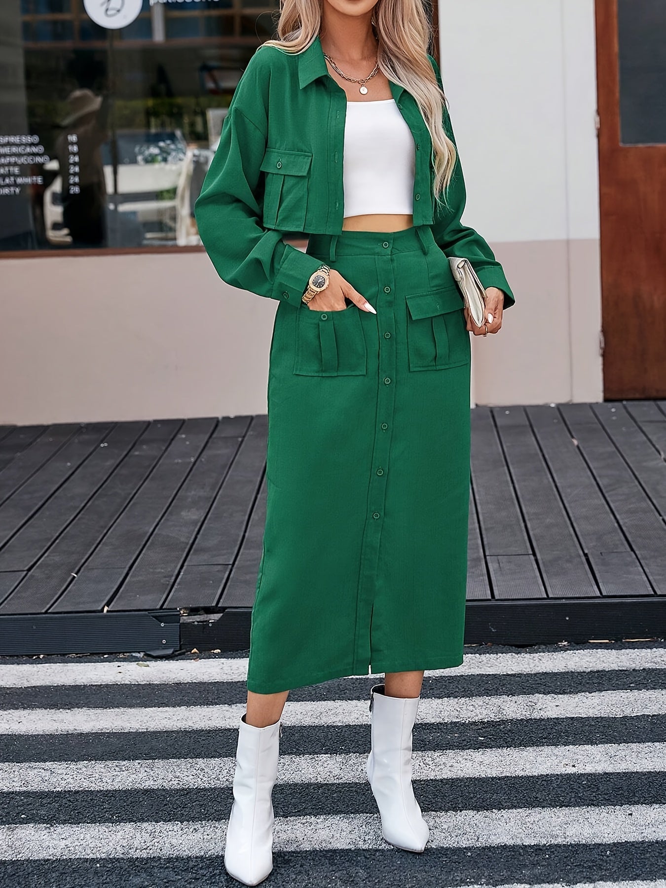 Conjunto de blusa de color sólido para mujer y falda midi de poliéster, primavera y otoño, elegante