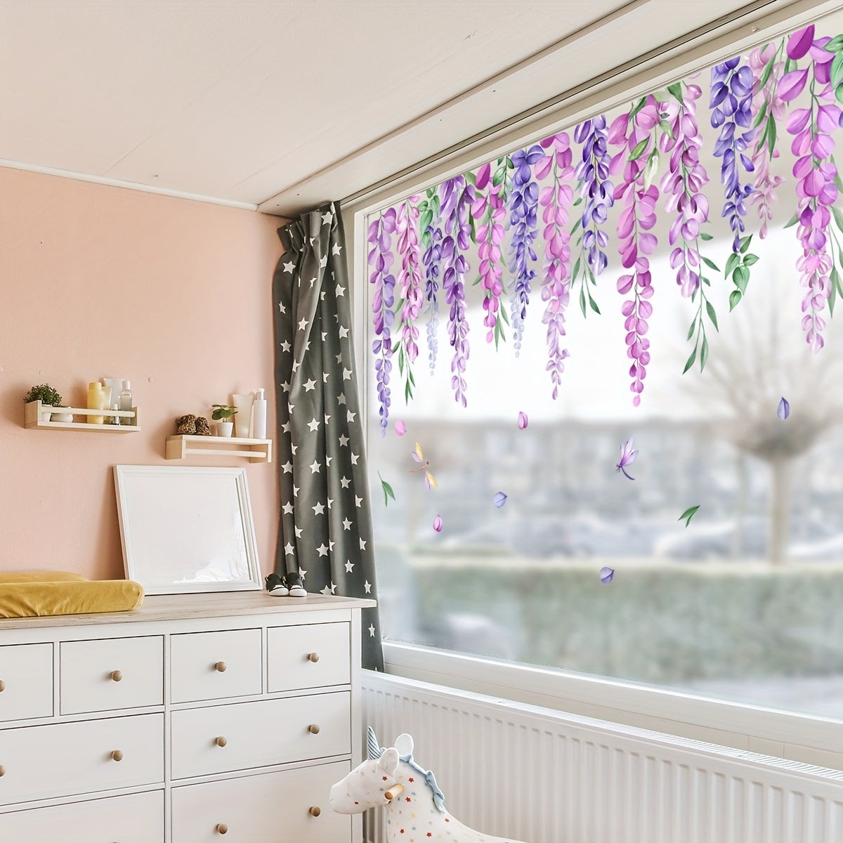 Wisteria Flower Vine Pattern Static Cling Window Film Privacy Glass Sticker 30x90cm