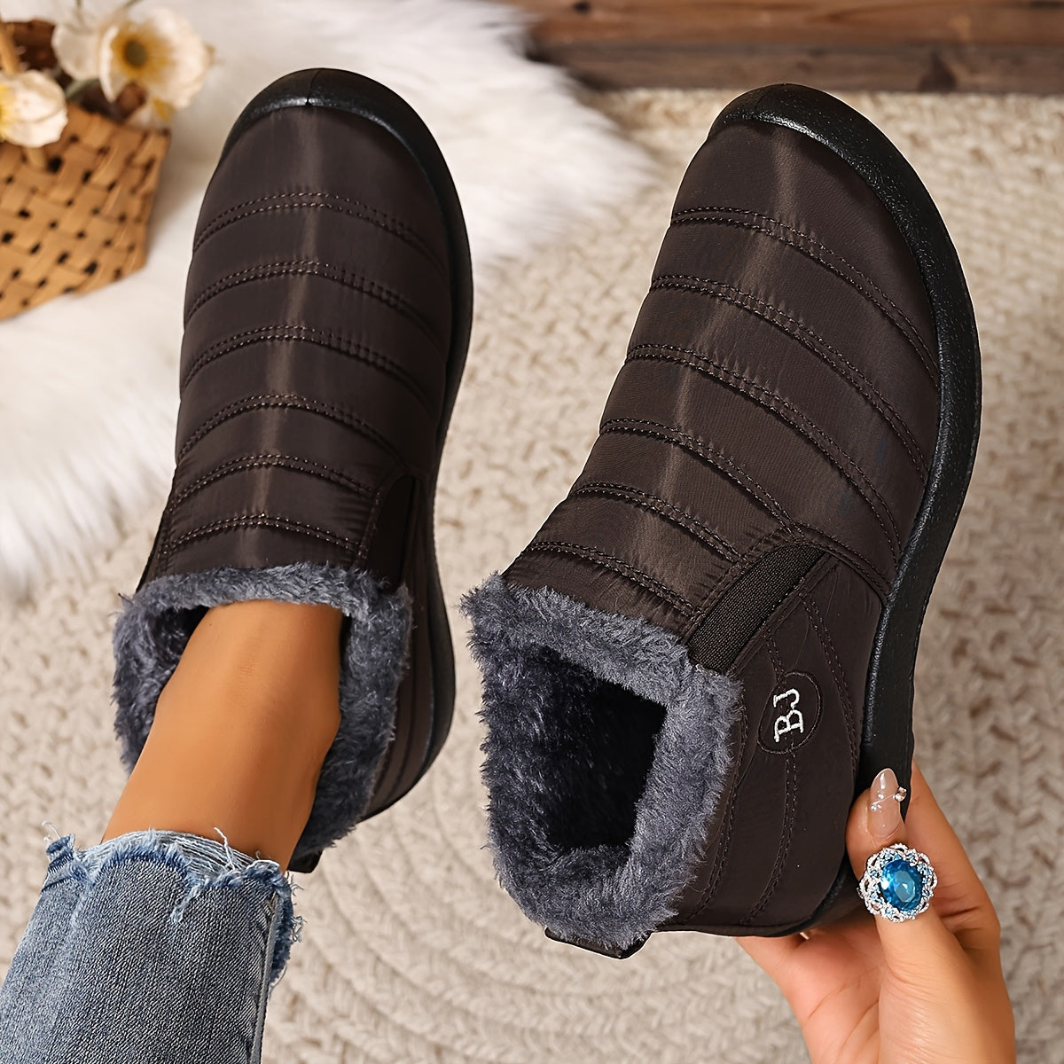 Женские зимние снегоступы с флисовой подкладкой, без шнурков, с противоскользящей подошвой из EVA