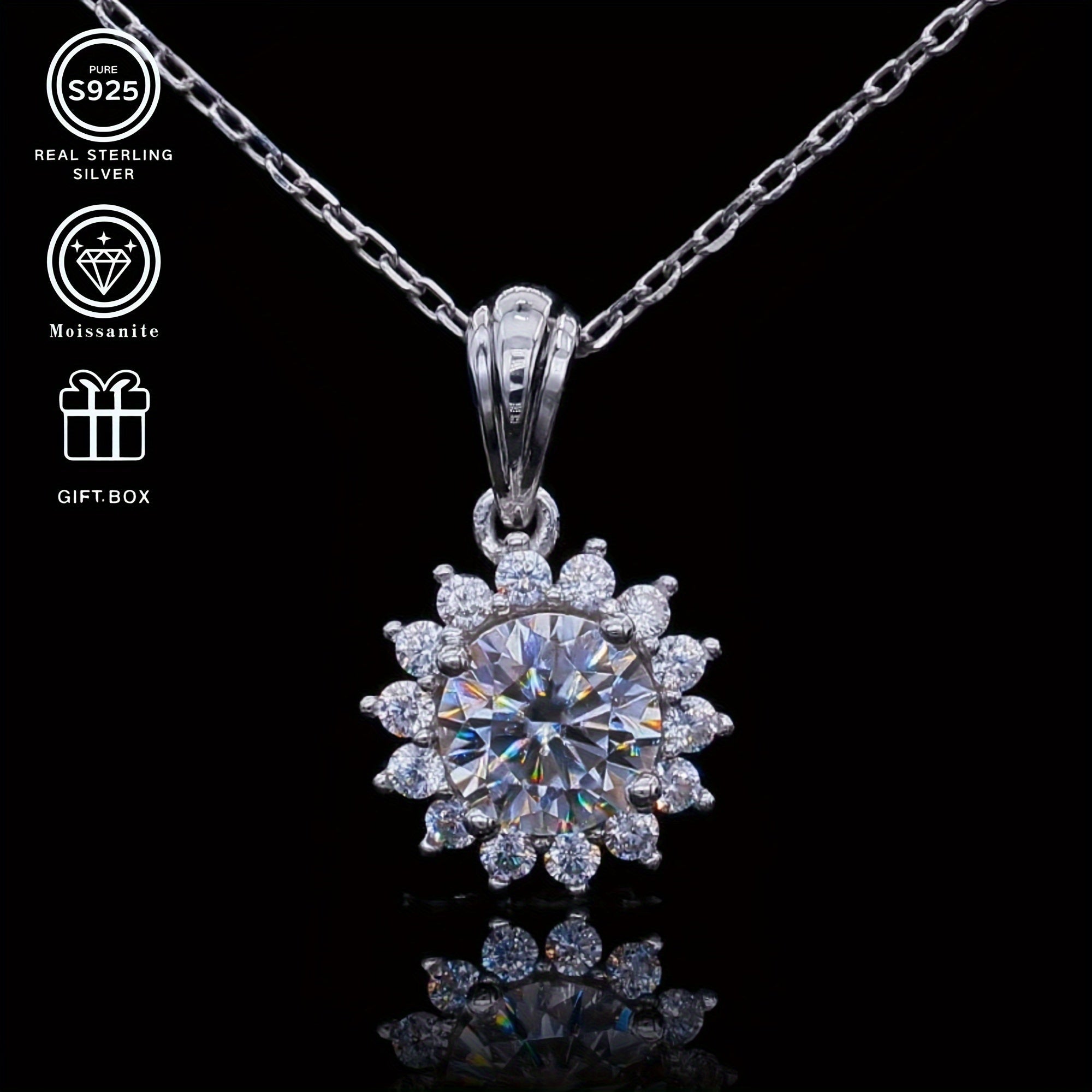 Sunflower Moissanite Jewelry Set S925 kumush qoplamada, hypoallergenic 1CT pendants va 0.5CT sirg‘alar bilan, umumiy og‘irligi 2.5g/2.2g. Ona kuni uchun mukammal, elegant kechki uslubda tennis zanjir bilan va porloq sovg‘a qutisida taqdim etiladi.