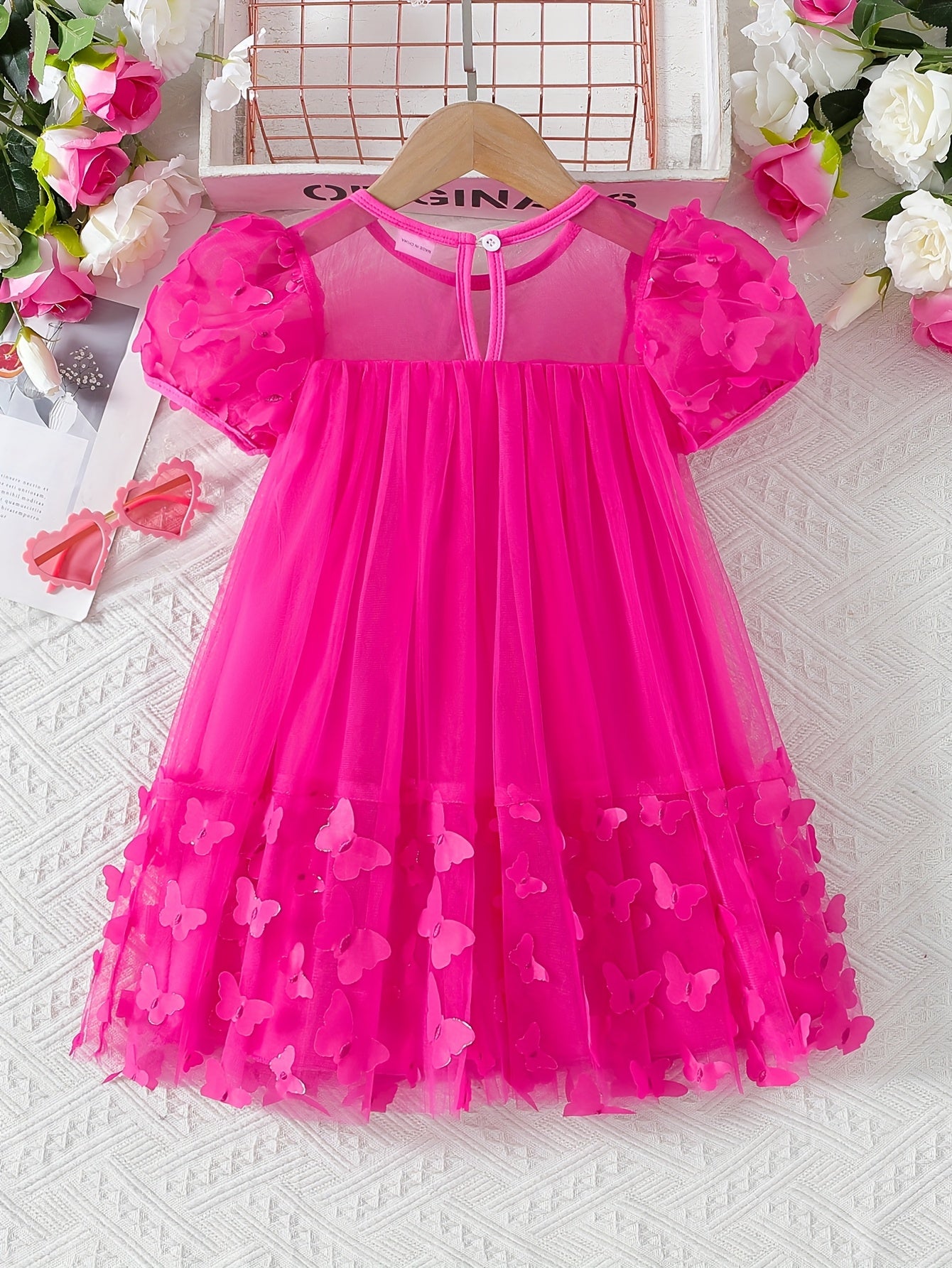 Girls' Spring Summer Princess Dress with 3D Butterfly Detail Short Puff Sleeve Flared Hollow Design